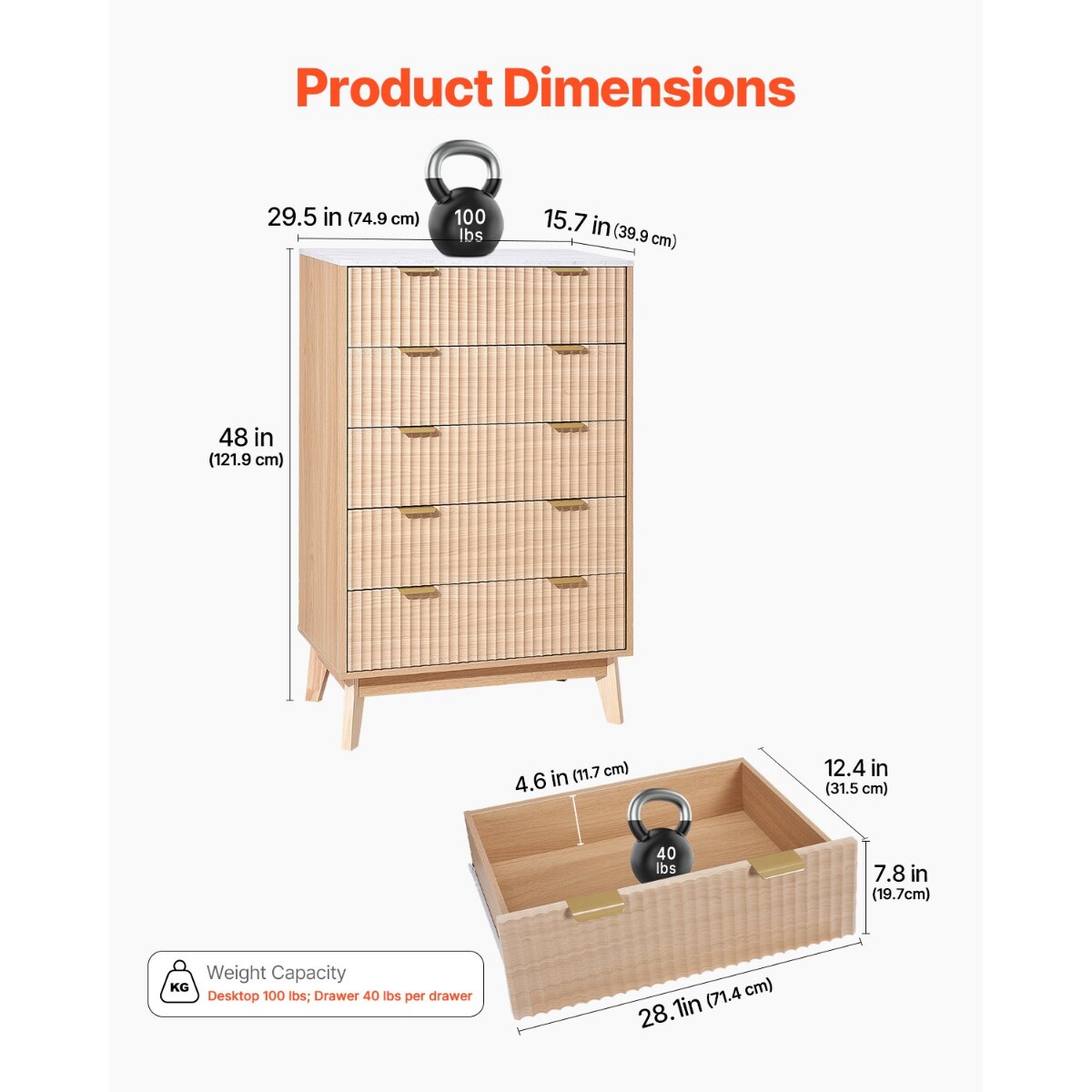Light Wood MDF Drawer Dresser with Grooved Design, Metal Handles and Smooth Glides