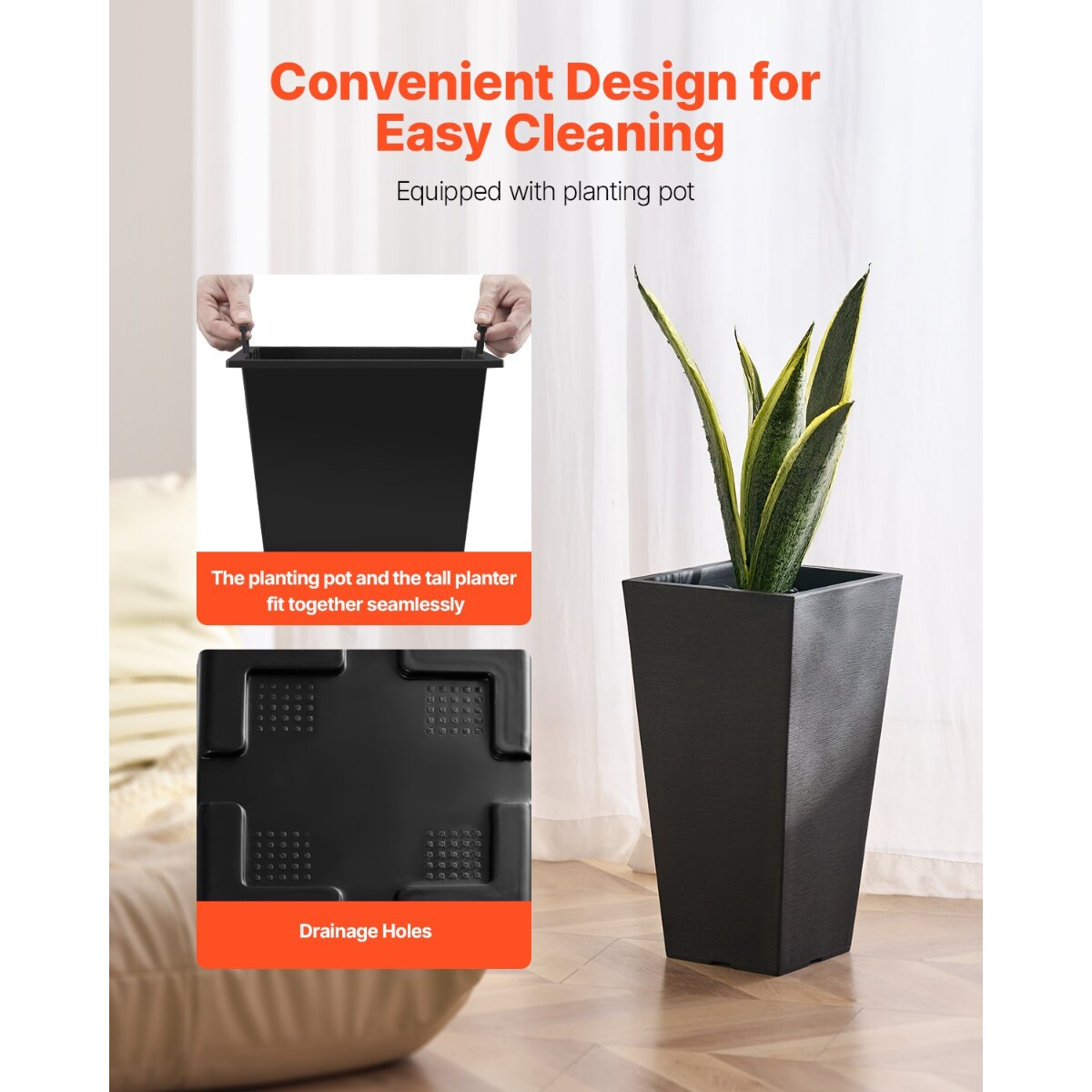 Set of 2 Modern Black Square Tapered Planters with Efficient Drainage for Healthy Plant Growth
