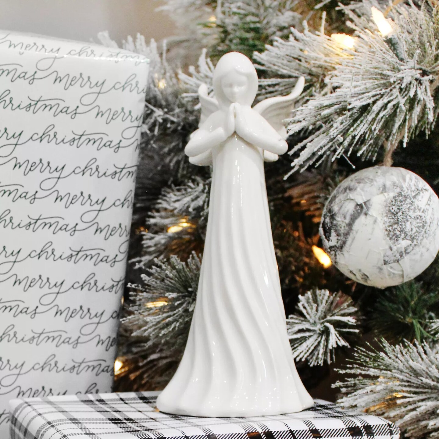 White Ceramic Praying Angel Figurine 9in Guardian Statue