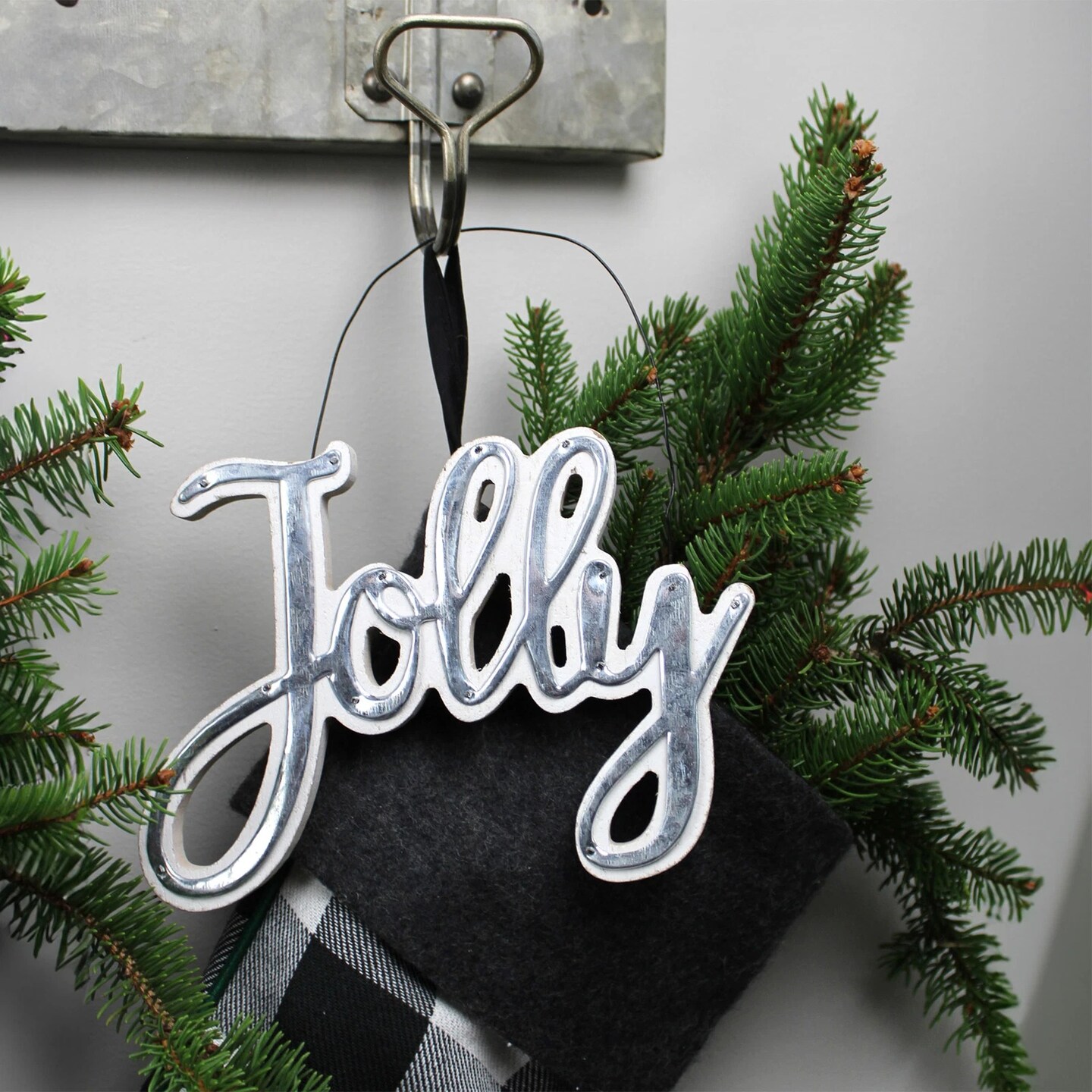 Rustic Galvanized Tin Script Ornaments Jolly Sleigh HoHoHo 3ct