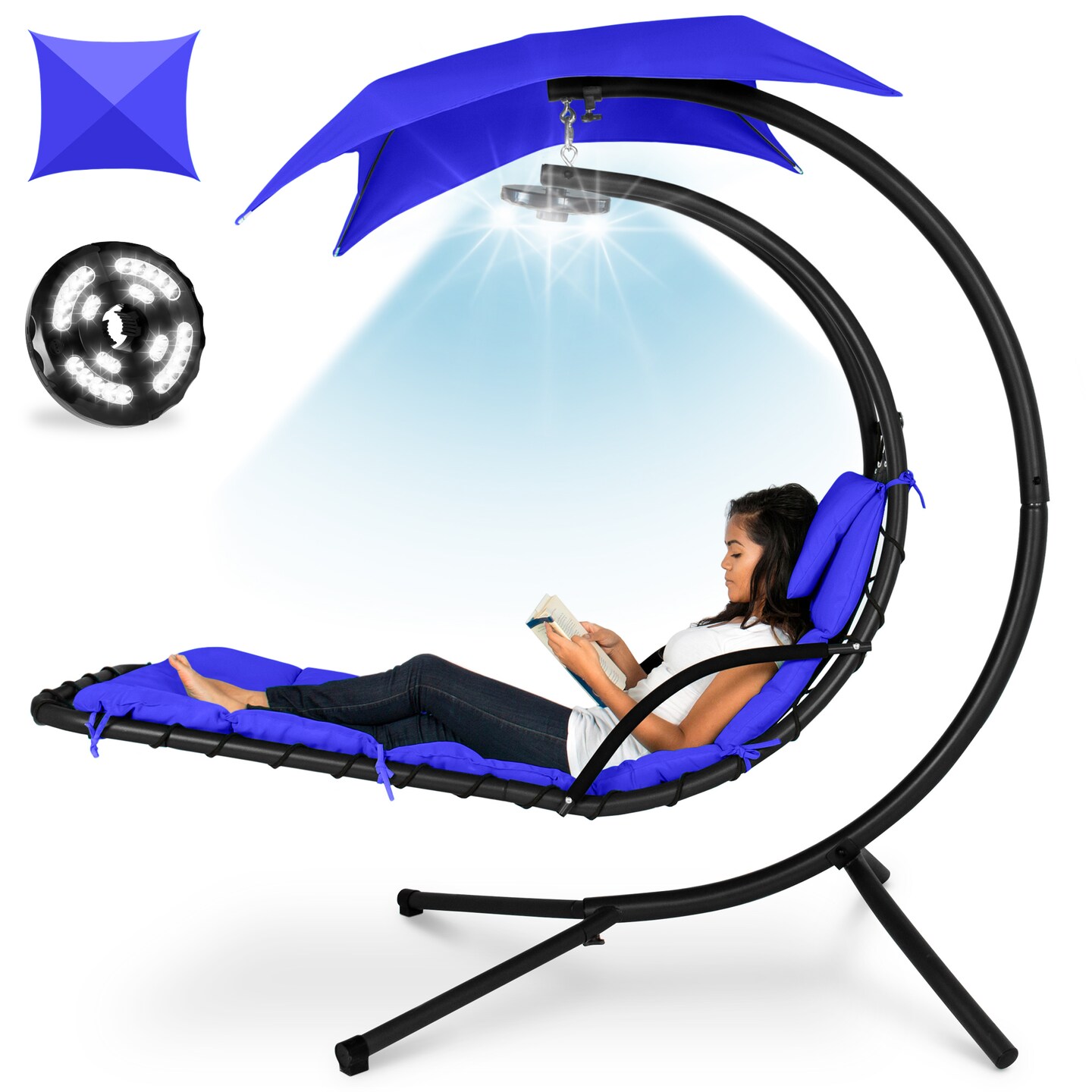 Best Choice Products Hanging LED-Lit Curved Chaise Lounge Chair for Backyard, Patio w/ Pillow, Canopy, Stand