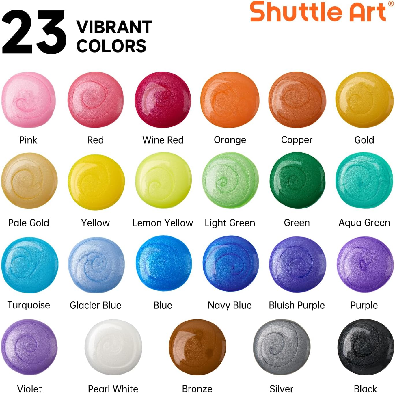24 Pack Metallic Acrylic Pouring Paint, Shuttle Art 23 Metallic Colors Ready-to-pour Acrylic Paint with 1 Silicon Oil, 60ml/2oz Each, Rich Pigment, High Flow Pour Paint for Canvas, Rock, Ceramic, Wood
