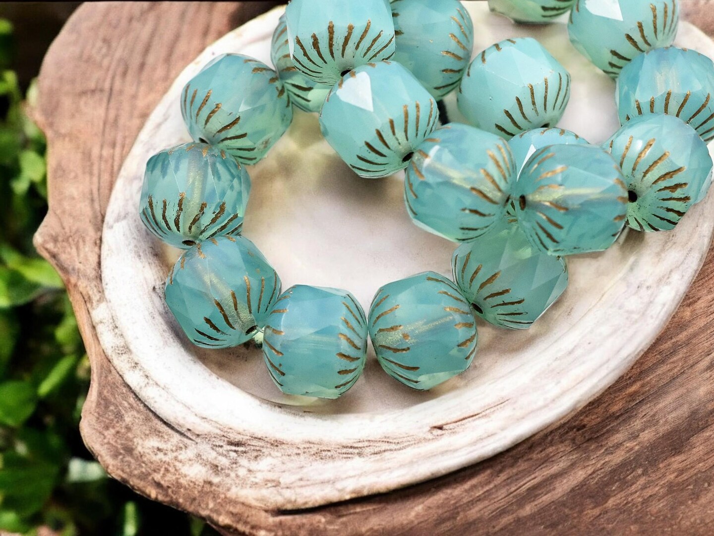 *10* 10mm Bronze Washed Aqua Blue (Vaseline Glass) Center Cut Cruller Beads