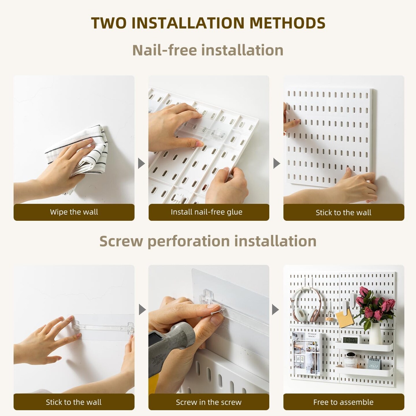 Pegboard Wall Organizer Kit, 4 Panels with 17 Accessories, Modular Hanging Storage for Home Office, Bedroom, Bathroom & Craft Rooms, 22” x 22”, White