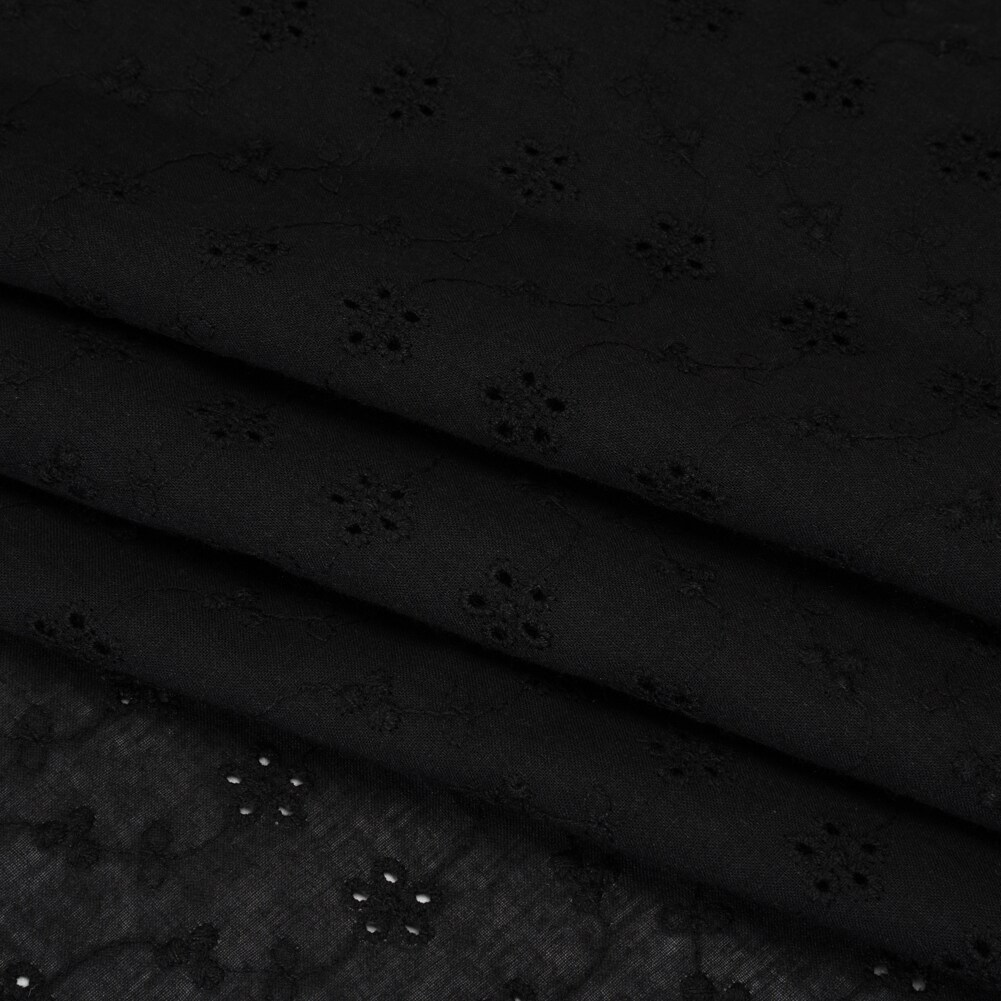 1 Yard Embroidered Eyelet Cotton Voile Black Wavy Daisy Vines Fabric 54 inch Width