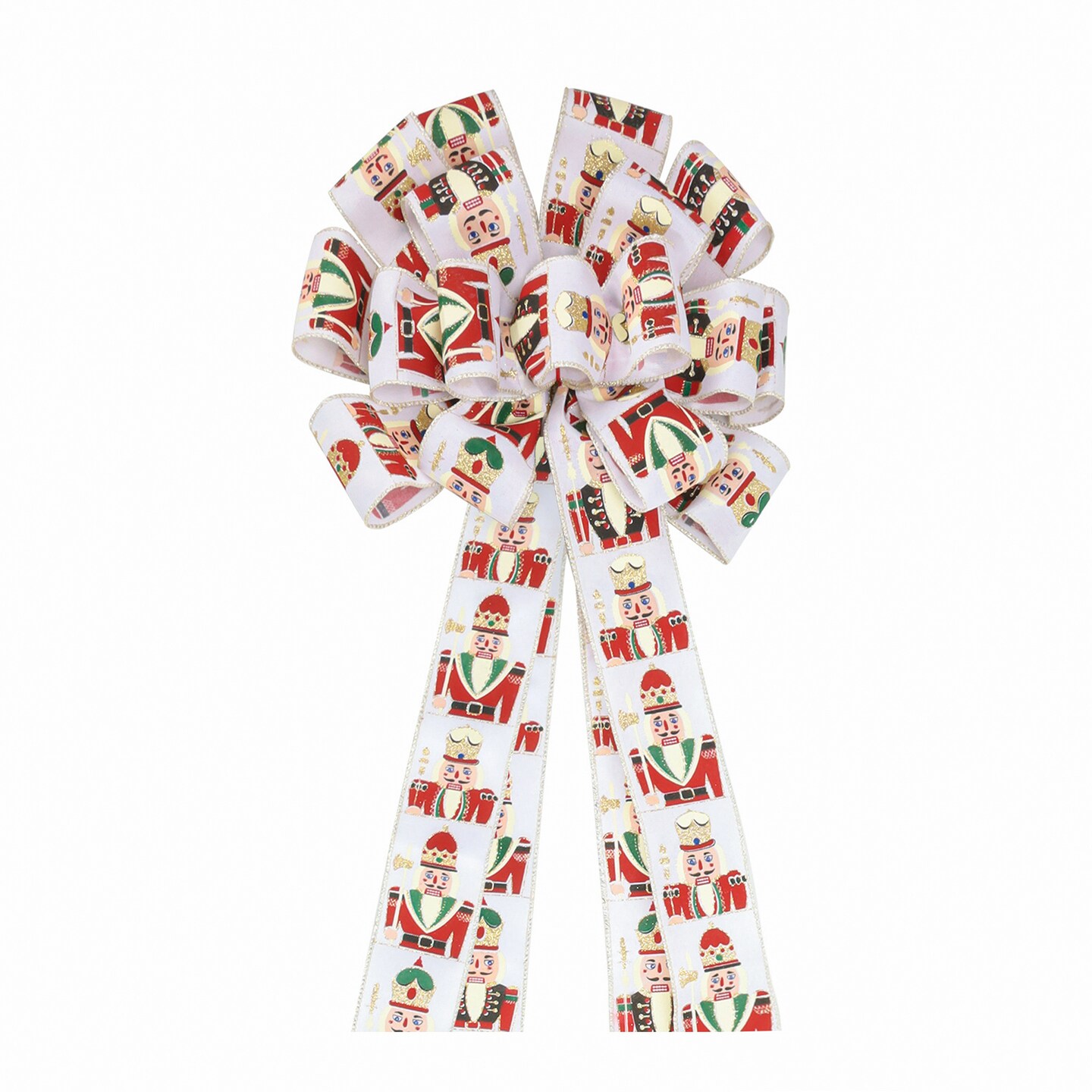 LaRibbons 13&#x22; Decorative Christmas Tree Topper Bow (2.5&#x22; Wired Ribbon) | &#x22;Nutcracker&#x22; White/Multi