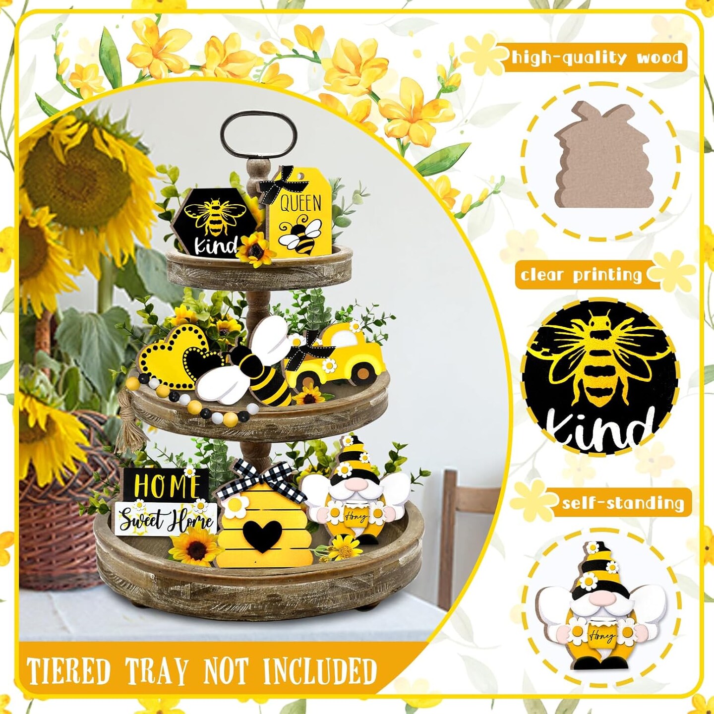 Bee Tiered Tray Decor – Spring & Summer Farmhouse Decorations, Bumble Bee Gnome, Hive, Honey Truck, Wooden Signs for Table, Shelf, Mantel, Office, Holiday Party