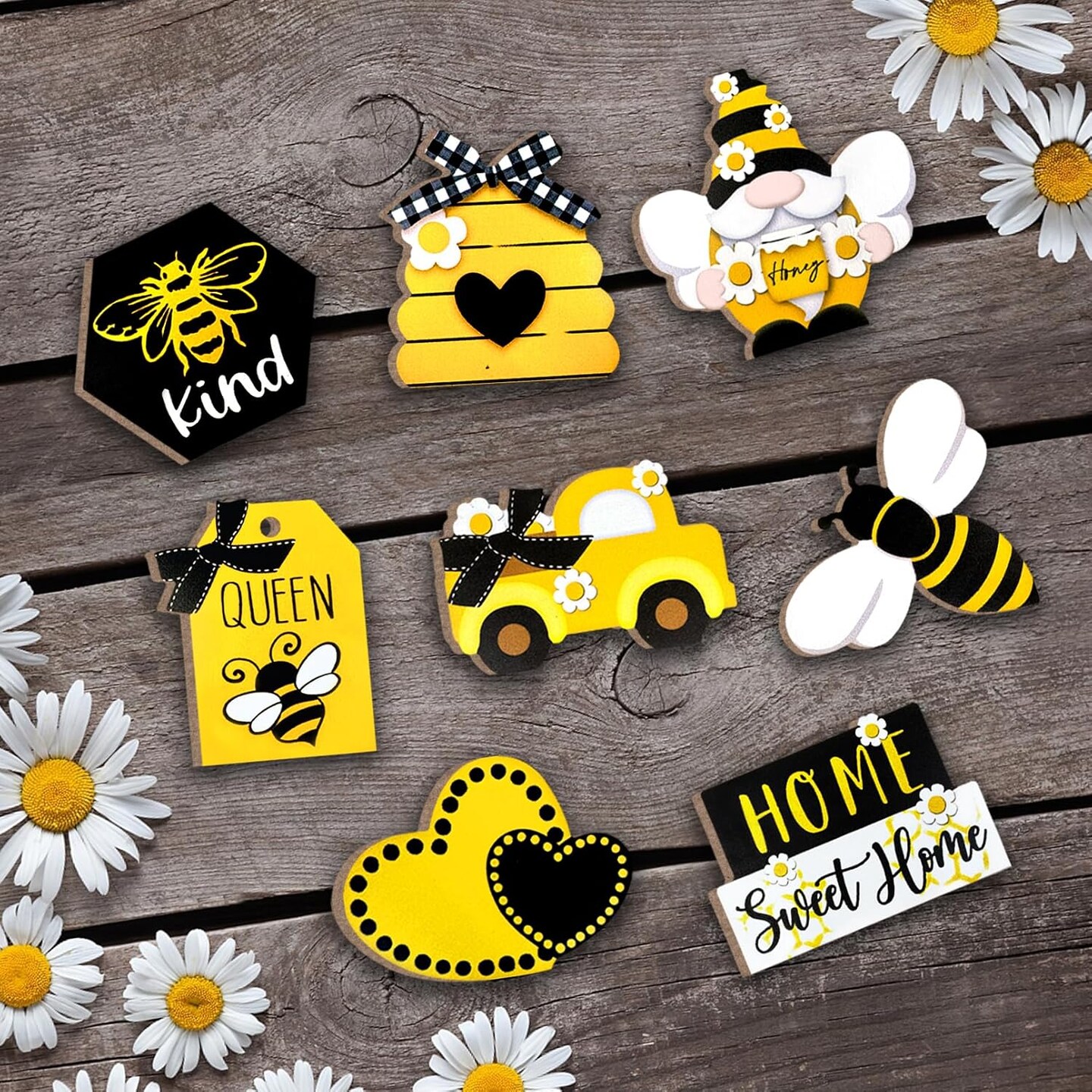 Bee Tiered Tray Decor – Spring & Summer Farmhouse Decorations, Bumble Bee Gnome, Hive, Honey Truck, Wooden Signs for Table, Shelf, Mantel, Office, Holiday Party