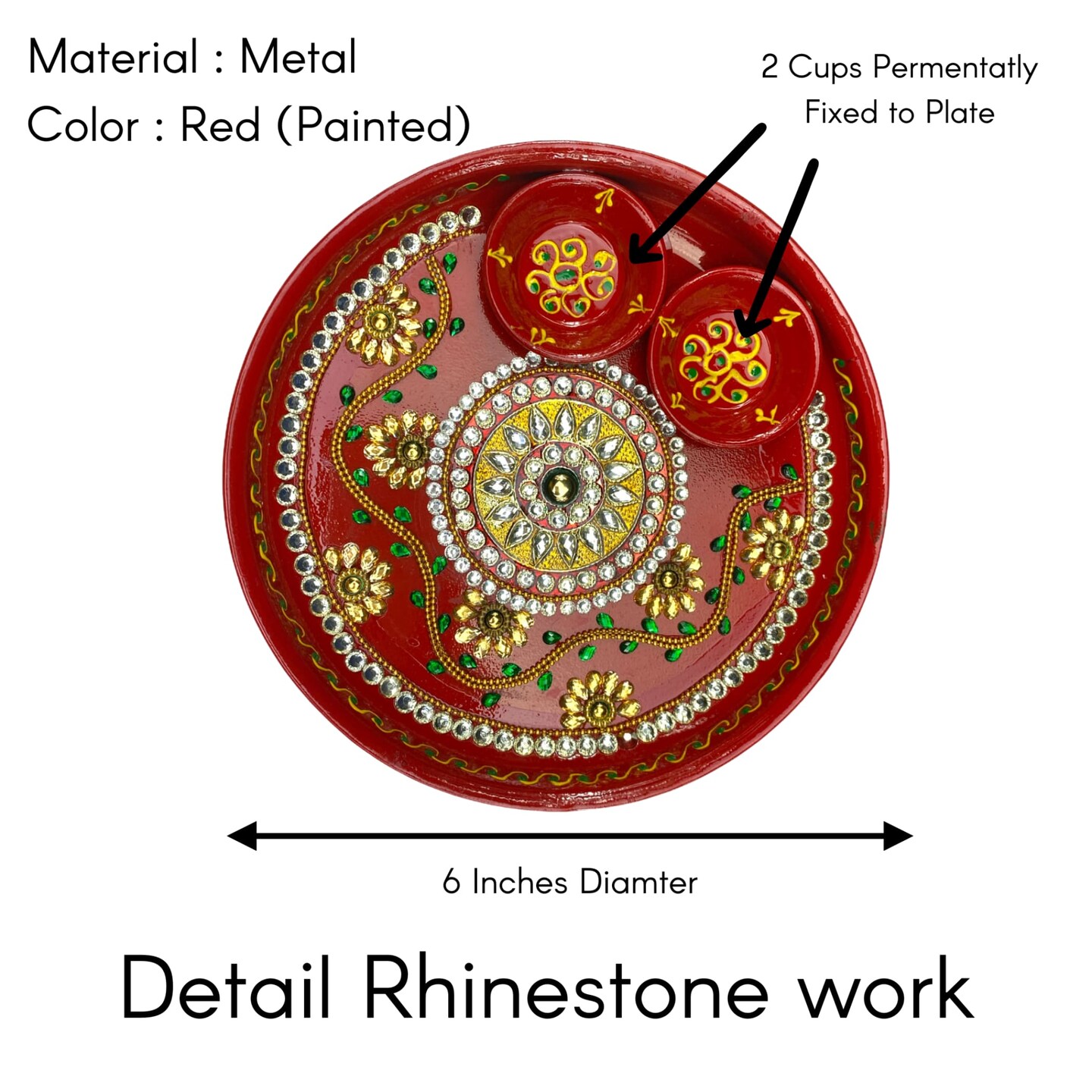 6 Inch Rhinestone Pooja Aarti Thali with Bowls Meenakari Work Red Painted Handmade Platter Haldi Kumkum Thali Ganesha Chaturthi Teej Diwali Puja Thali Housewarming Gift
