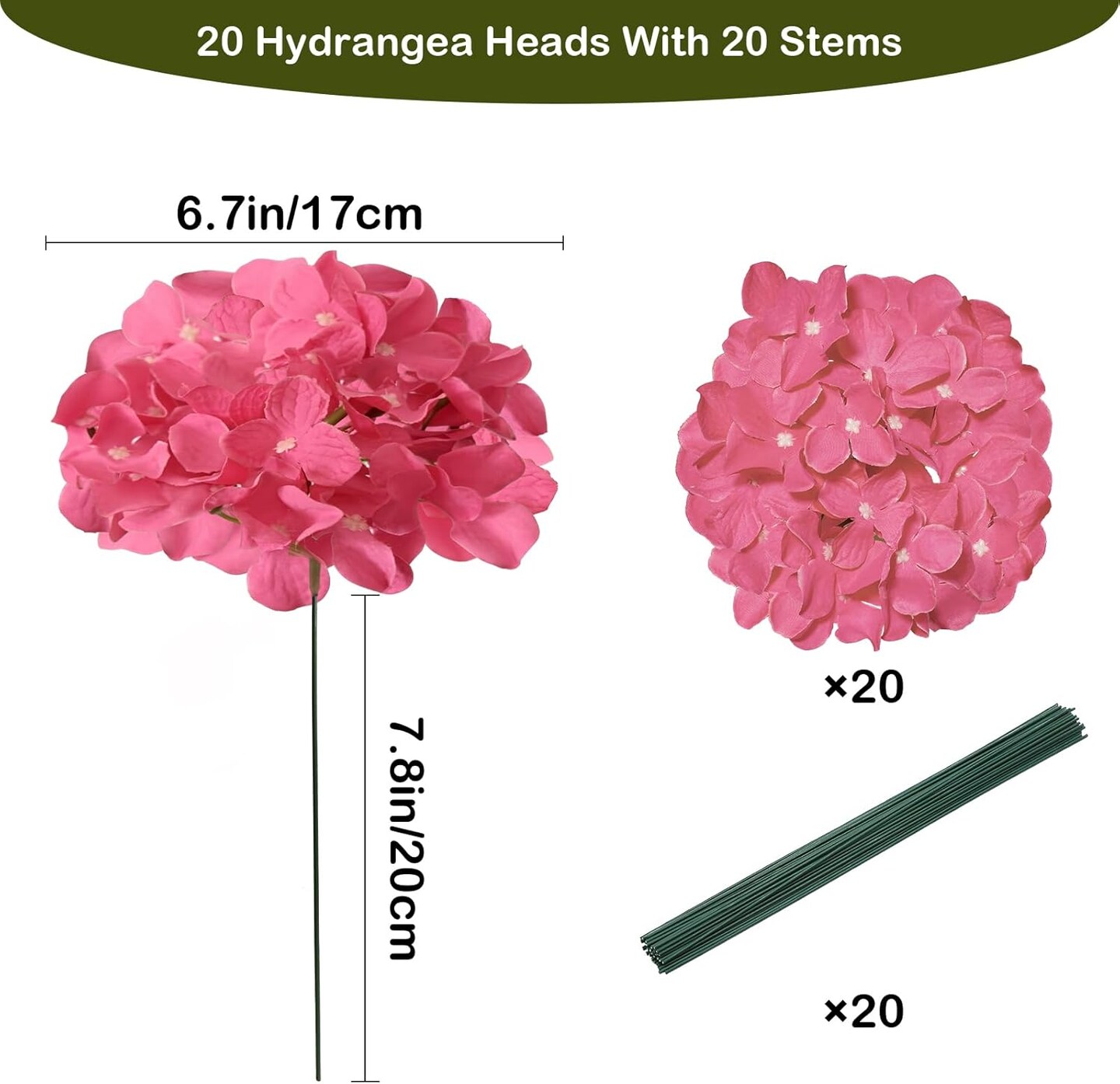 Spring Tabletop Decor – 20PCS Hot Pink Artificial Hydrangea Flowers, Faux Silk Fuchsia Hydrangeas with Stems for Wedding Bouquets, Table Centerpieces & Home Decor