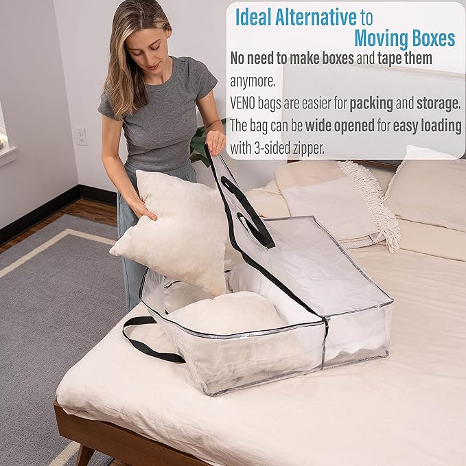 4 Pack Moving Bags, Wreath Storage Bag, Garland Container, Moving and Packing Supplies for College. Moving Boxes Alternative, Under the Bed Storage, Storage Bags for Comforter (Clear, 4 Pack)