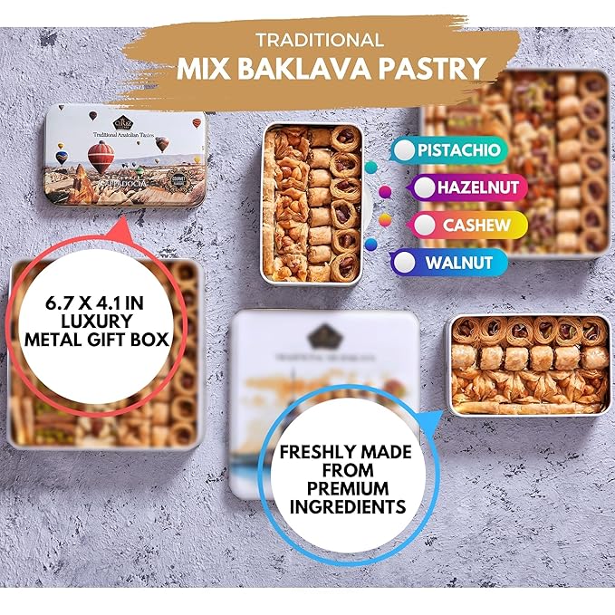 Rich Pistachios, Walnuts, Hazelnuts and Cashews, Halal Shatila Baklava, Traditional Turkish Arabic Dessert Gift Box, Sweet Food Gifts for Women