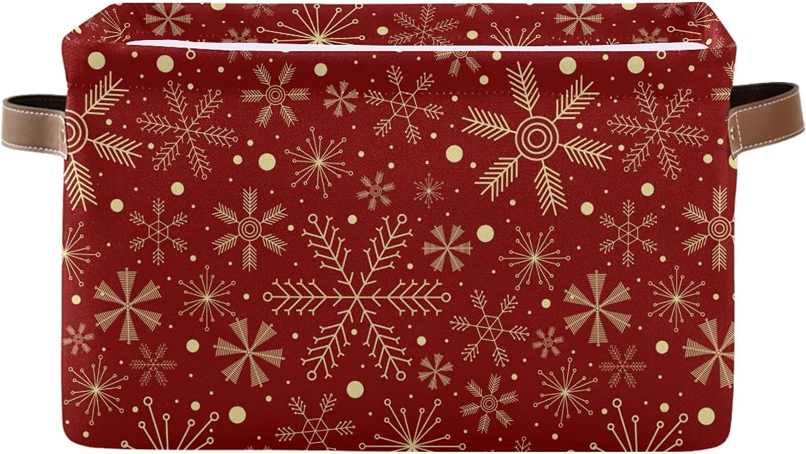 Christmas Basket, Large Foldable Storage Basket with Handles Christmas Snowflakes On Dark Red Fabric Collapsible Storage Bins Organizer Bag for Storage 15 x 11 x 9.5 inch