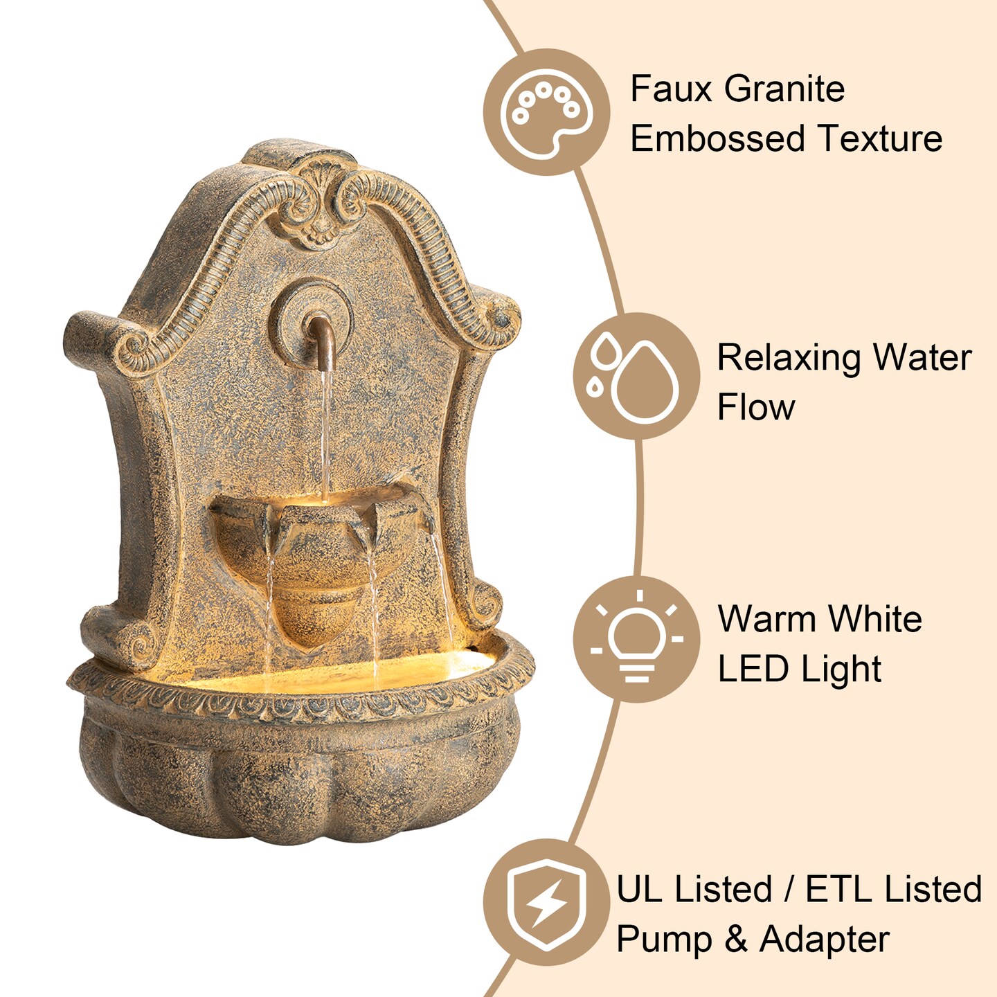 25.75&#x27;&#x27;H Antique European Style Multi-Tiered Faux Granite Sculptural Polyresin Outdoor Wall Fountain with Pump and LED Light