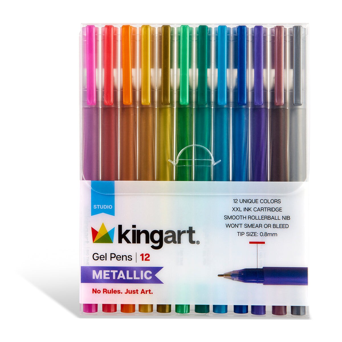 KINGART® Metallic Gel Pens, Scrapbook, Journals, or Drawing, Colored Metallic Ink, Medium Line , Set of 12 Unique Shades