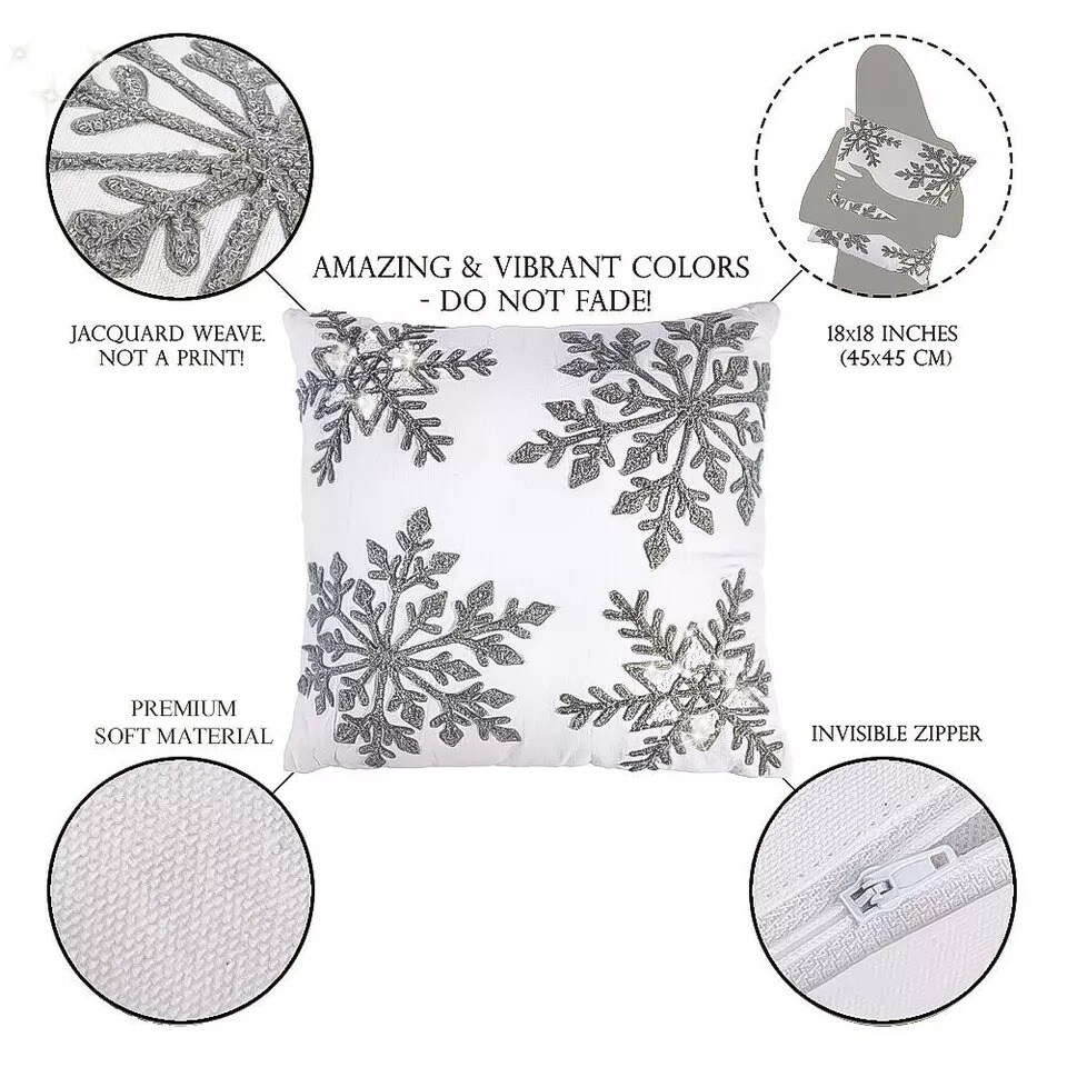 Snowflakes Decorative Throw Pillow, Embroidered Square Christmas Pillow 18x18&#x22;