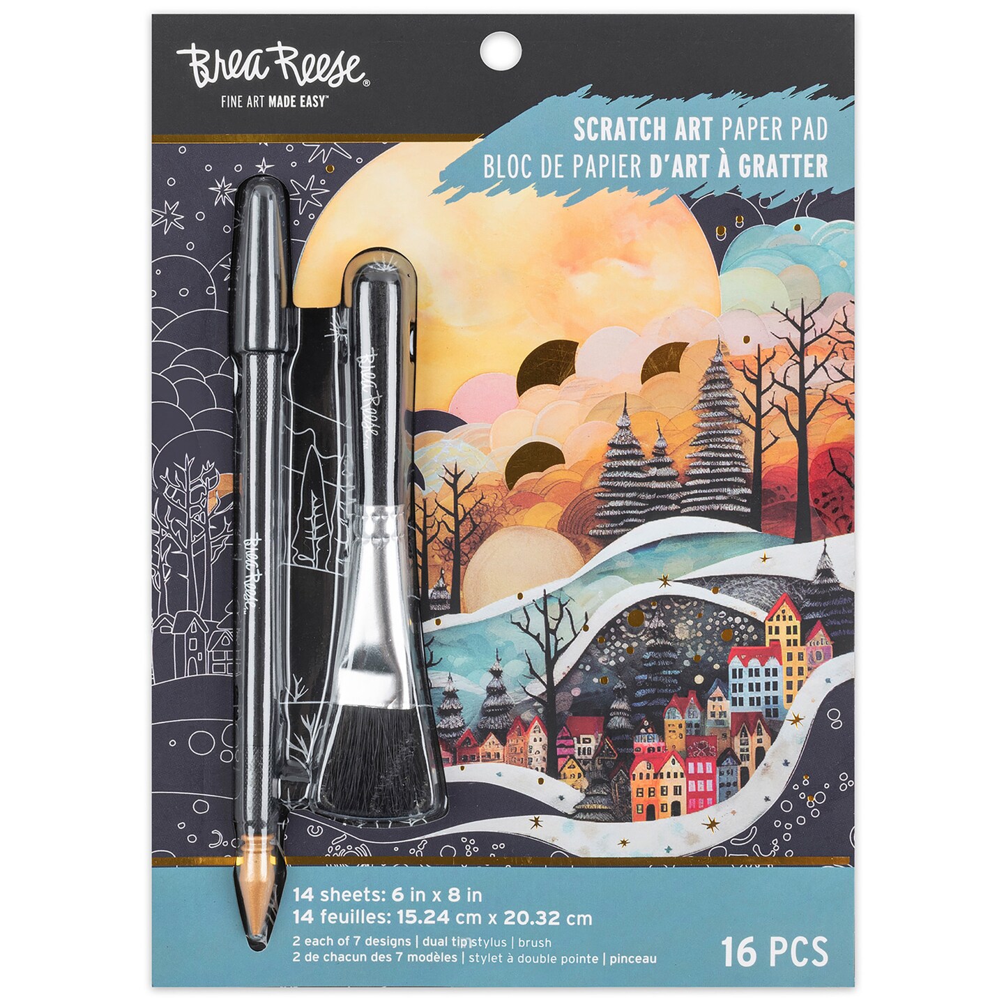 Brea Reese: Scratch Art Paper Pad - Folk Art Winter Landscapes - 14 6x8&#x22; Pages, Reveal Seasonal &#x26; Festive Holiday Designs, Metallic Pops, Adult Craft