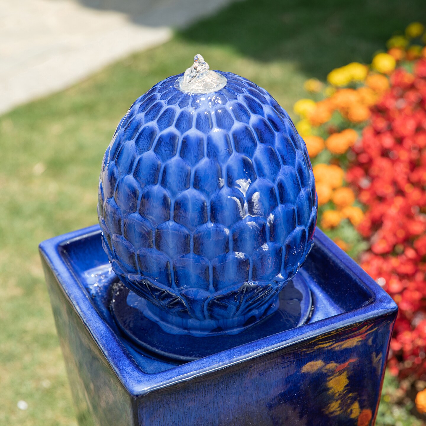35.75&#x22;H Oversized Artichoke Pedestal Ceramic Outdoor Fountain with LED Light, Includes Pump, Multiple Colors