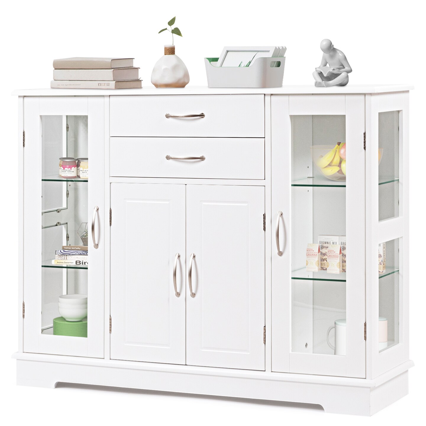 Costway Buffet Storage Cabinet Console Cupboard W/Glass Door Drawers Kitchen Dining Room