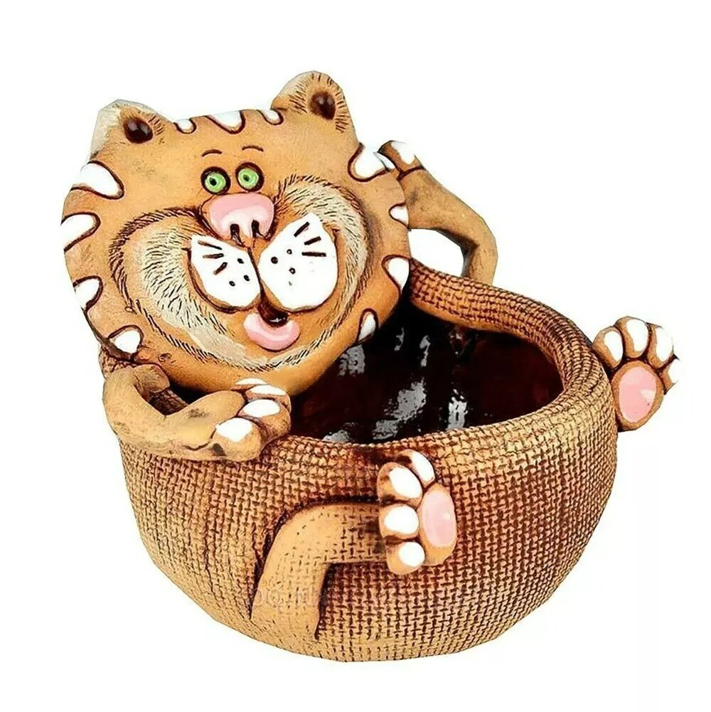Cat Brown Ceramic Planter Clay Plants Pot Handmade Kitten Figurine