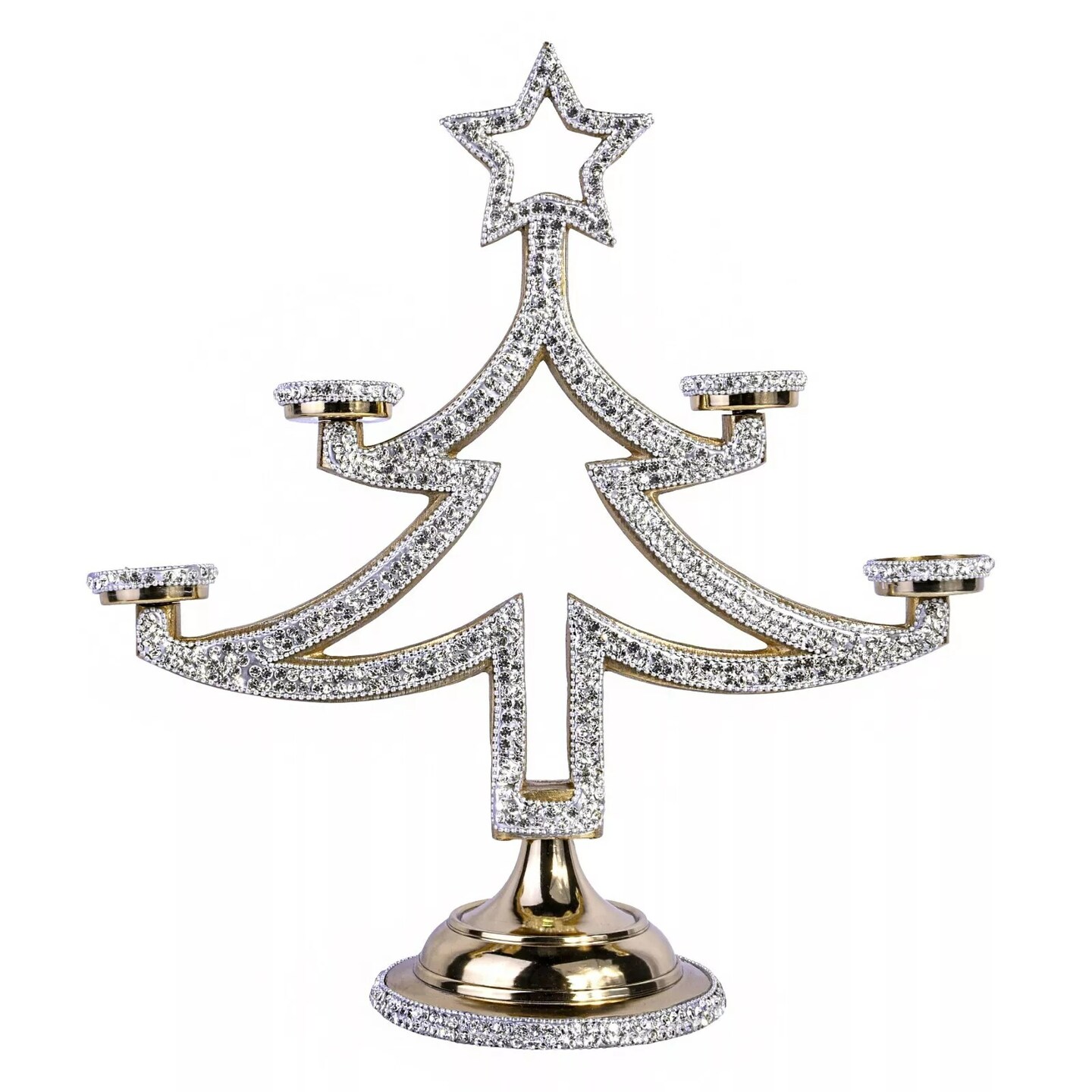 Metal Christmas Tree Candle Holder with Crystals, Tea Light Holder 14.6&#x22;, GOLD