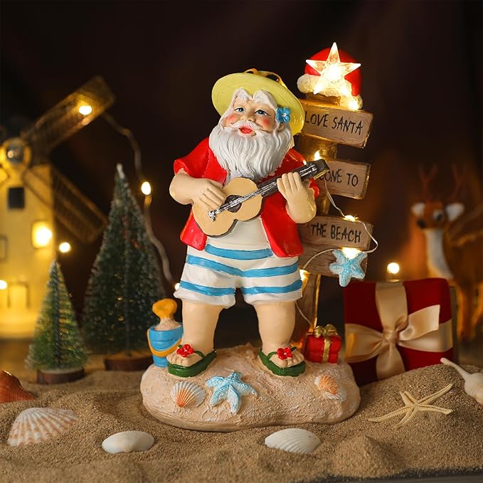 Lighted Christmas Beach Santa Decorations LED Dreams Santa Claus by The Sea Seaside Christmas Tabletop Figurines Collectibles Resin Table Statues Centerpiece Xmas Gift Party Home Decor (Santa)