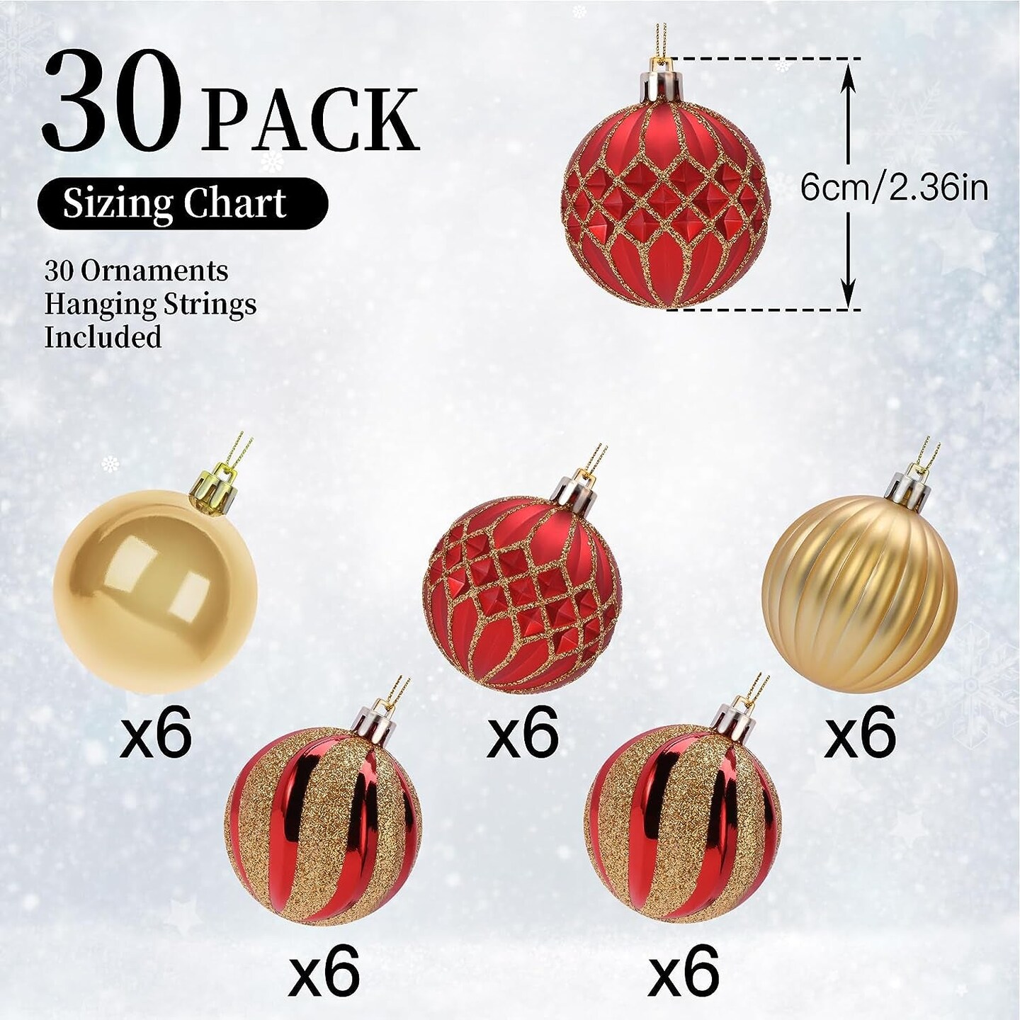30Ct 2.36 Inch Christmas Tree Balls Ornaments, Colored Shatterproof Plastic Decorative Baubles for Xmas Tree Decor Holiday Party Wedding Decoration (Red &#x26; Gold, 60Mm)