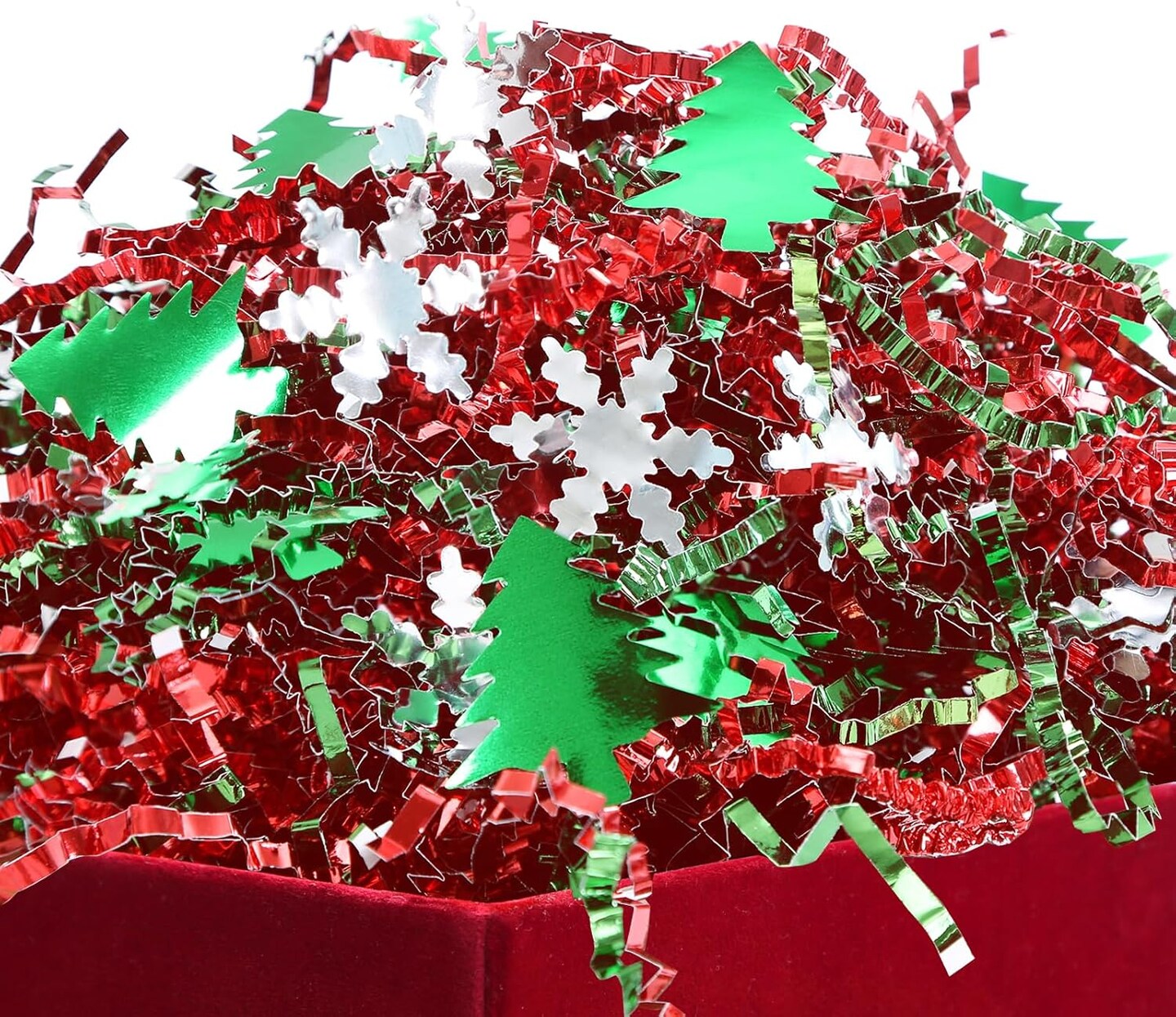 1LB Metallic Red Green Crinkle Cut Paper Shred Filler w/Tree & Snowflake Confetti, Christmas Gift Wrap Packaging Raffia Tissue Strand, Craft Bedding Cushion, Winter Birthday Box Basket