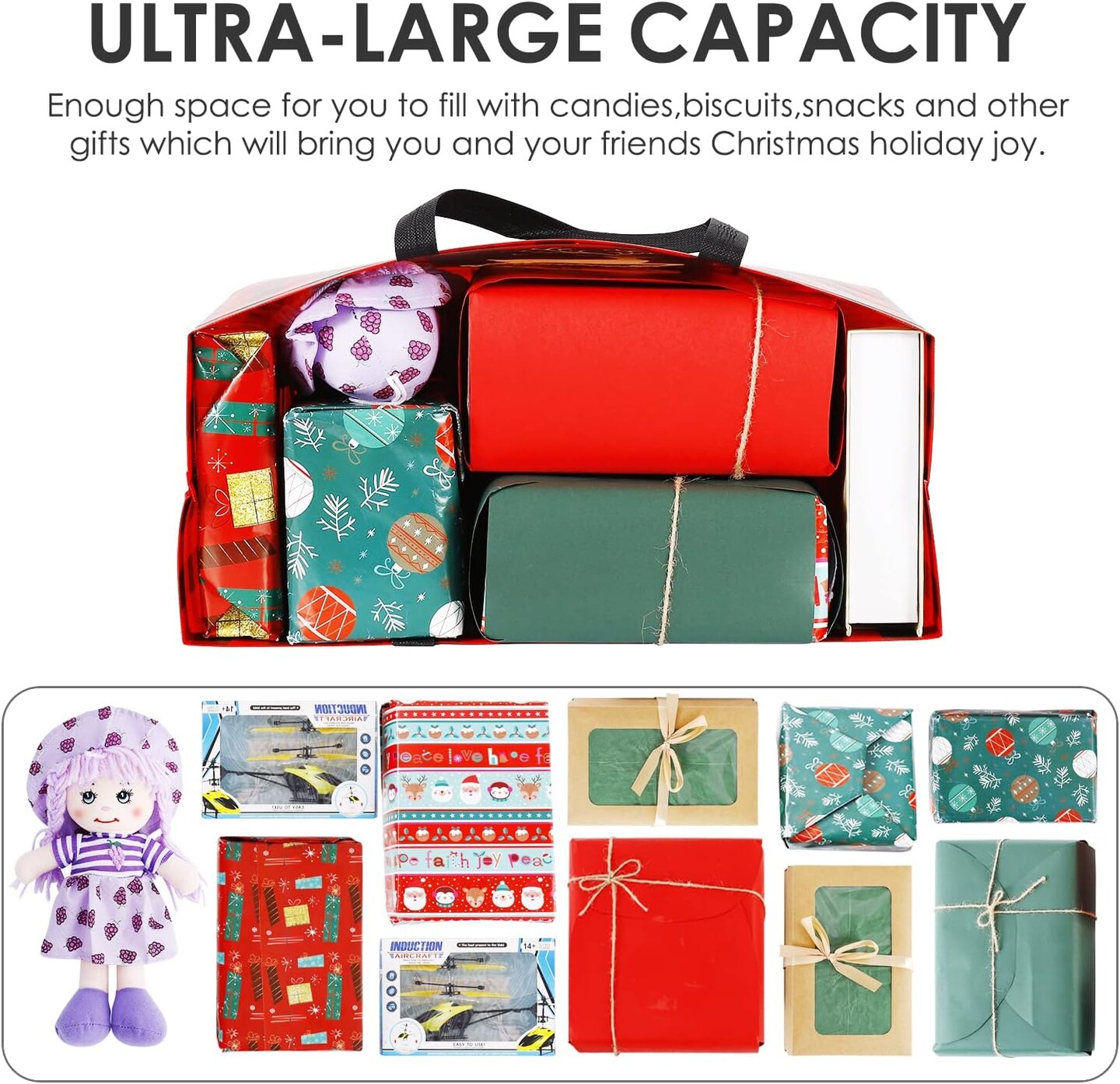 8 Pack Extra Large Christmas Gift Bags, Reusable Tote Bags with Handle Non-Woven Christmas Grocery Shopping Totes for Holiday Xmas, 16.9 * 12.6 * 6.8"