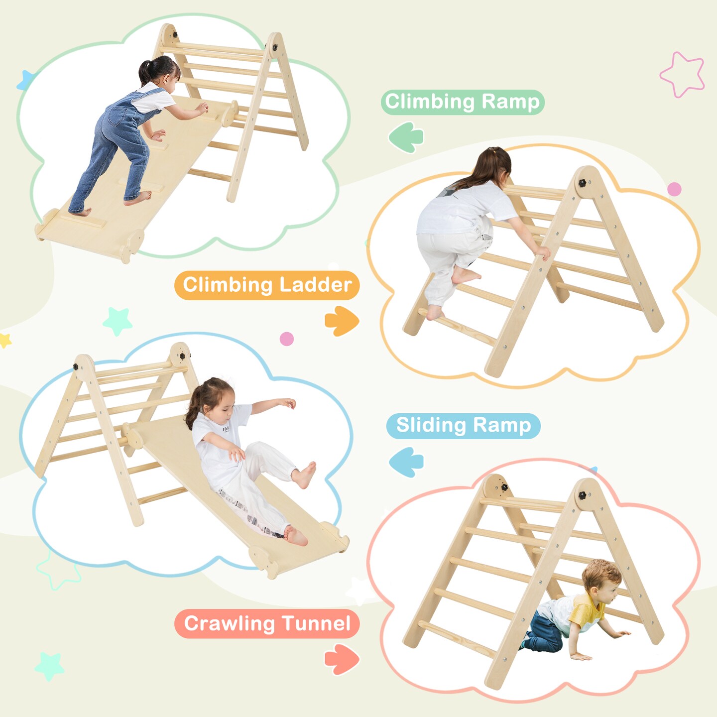 Natural Wood 7-in-1 Toddler Indoor Climbing Toy Reversible Ramp