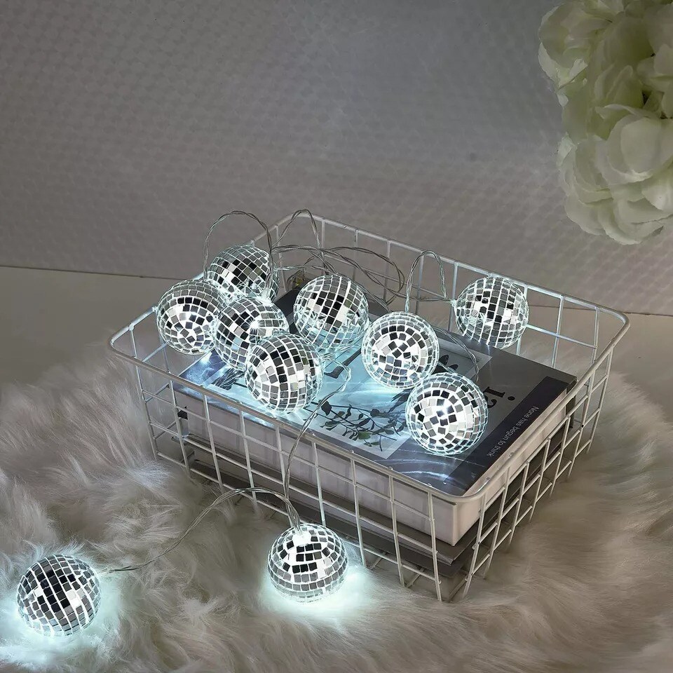 72-Inch Cool White LED Disco Mirror Balls Battery Operated String Lights Garland