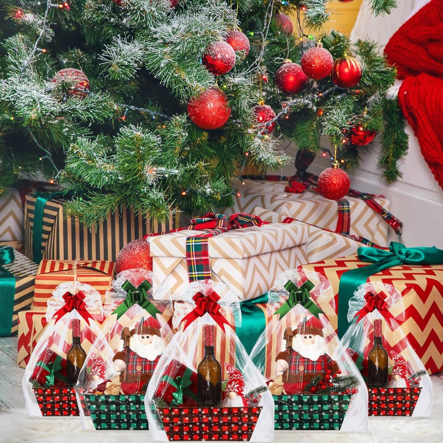 36 Pcs 12 Pack 12x10x4 Christmas Basket Empty Large Size Basket Empty Bulk, Includes 12 Cardboard Baskets with Handles, 12 Plastic Bags, 12 Bows, Cardboard Tray Large Gift Baskets Kit(Plaid)