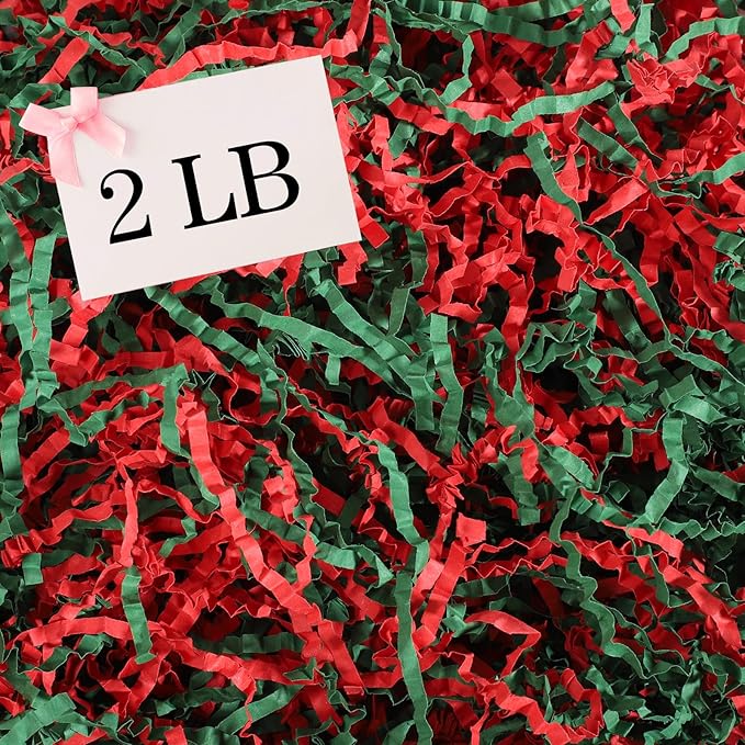 2 LB Crinkle Cut Paper Shred Filler, Red & Green Christmas Crinkle Paper Shredded Paper Stuffing for Christmas Gifts Gift Wrapping Baskets Box Filling Birthday Wedding Anniversary