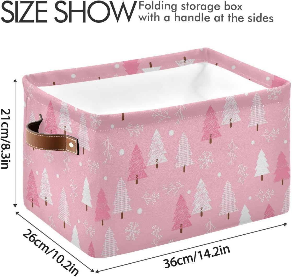 Christmas Tree Pink Storage Basket Fabric Kitchen Baskets Winter Snowflake Xmas Decorations Open Home Storage Bins Boxes Foldable Organizer Bag for Toy Book Shelf Closet Baskets 16&#xD7;12&#xD7;8 Inches