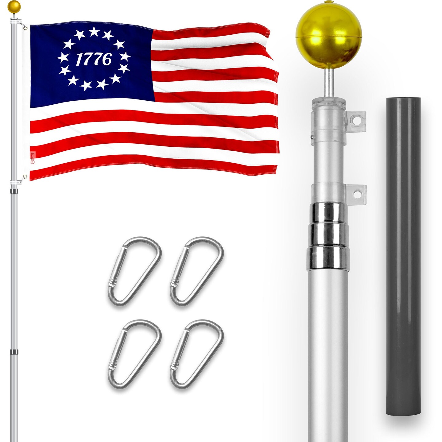 G128 Combo Pack: 16 Ft Telescoping Aluminum Flagpole (Silver) &#x26; Betsy Ross 1776 Flag 3x5 Ft, ToughWeave Series Embroidered 300D Polyester | Pole with Flag Included