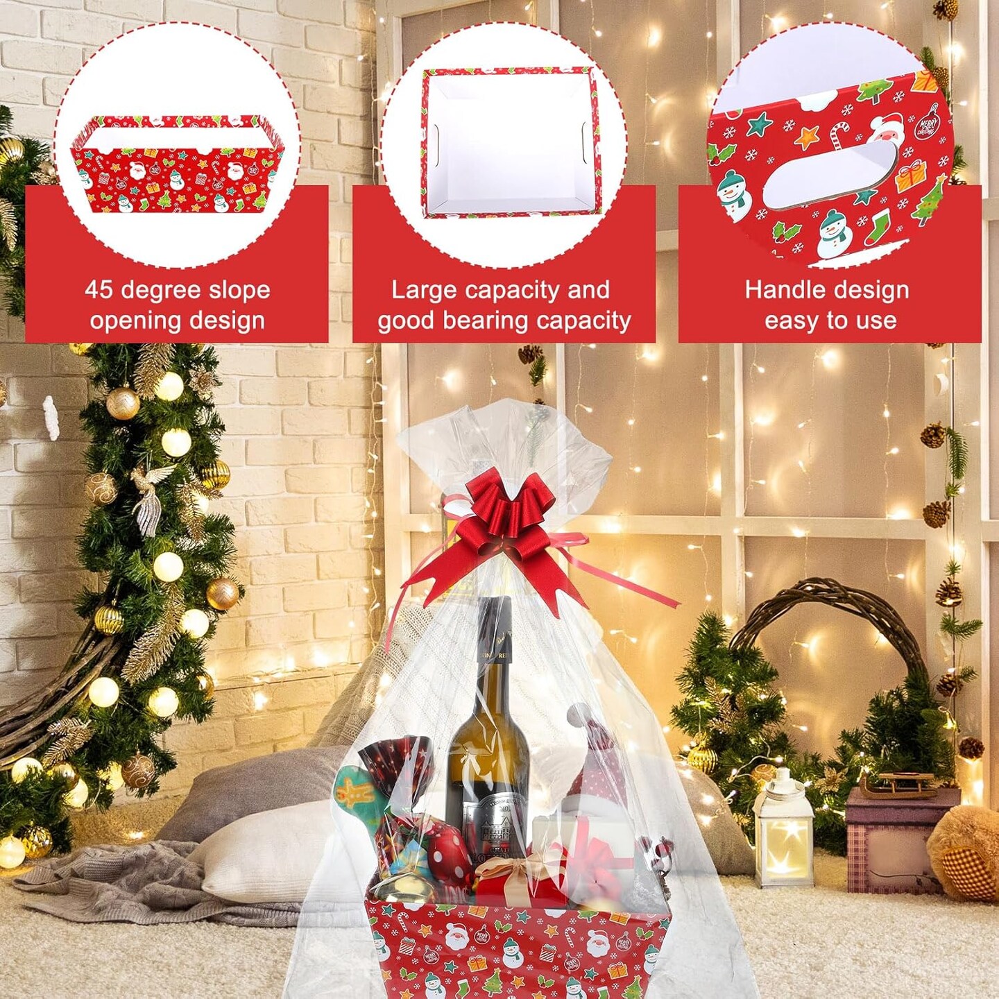 27 Pcs Christmas Baskets for Gifts Empty, 9 Pcs Gift Baskets Empty with Handles 9 Pcs Basket Bags and 9 Pcs Red Pull Bows Cardboard Baskets Bags Kit for Xmas Birthday Holiday Wedding Party