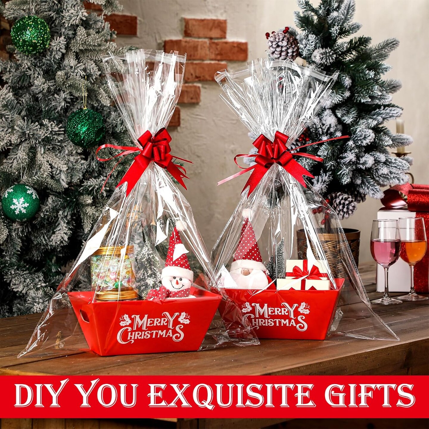 24 Set Christmas Basket for Gifts Empty 10 x 8 Inch Sturdy Empty Gift Basket Bulk with Handle Large Cardboard Empty Gift Baskets Trays to Fill Wine Candy for Xmas Holiday Birthday Party Supply