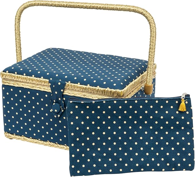 Large Sewing Basket with Matching Zipper Pouch For Sewing & Organization On-The-Go (Polka Dot Print)