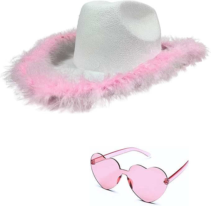 4E&#x27;s Novelty Cowgirl Hat with Pink Feathers &#x26; Heart Shaped Sunglasses, Cowboy Hats for Women Costume Accessory