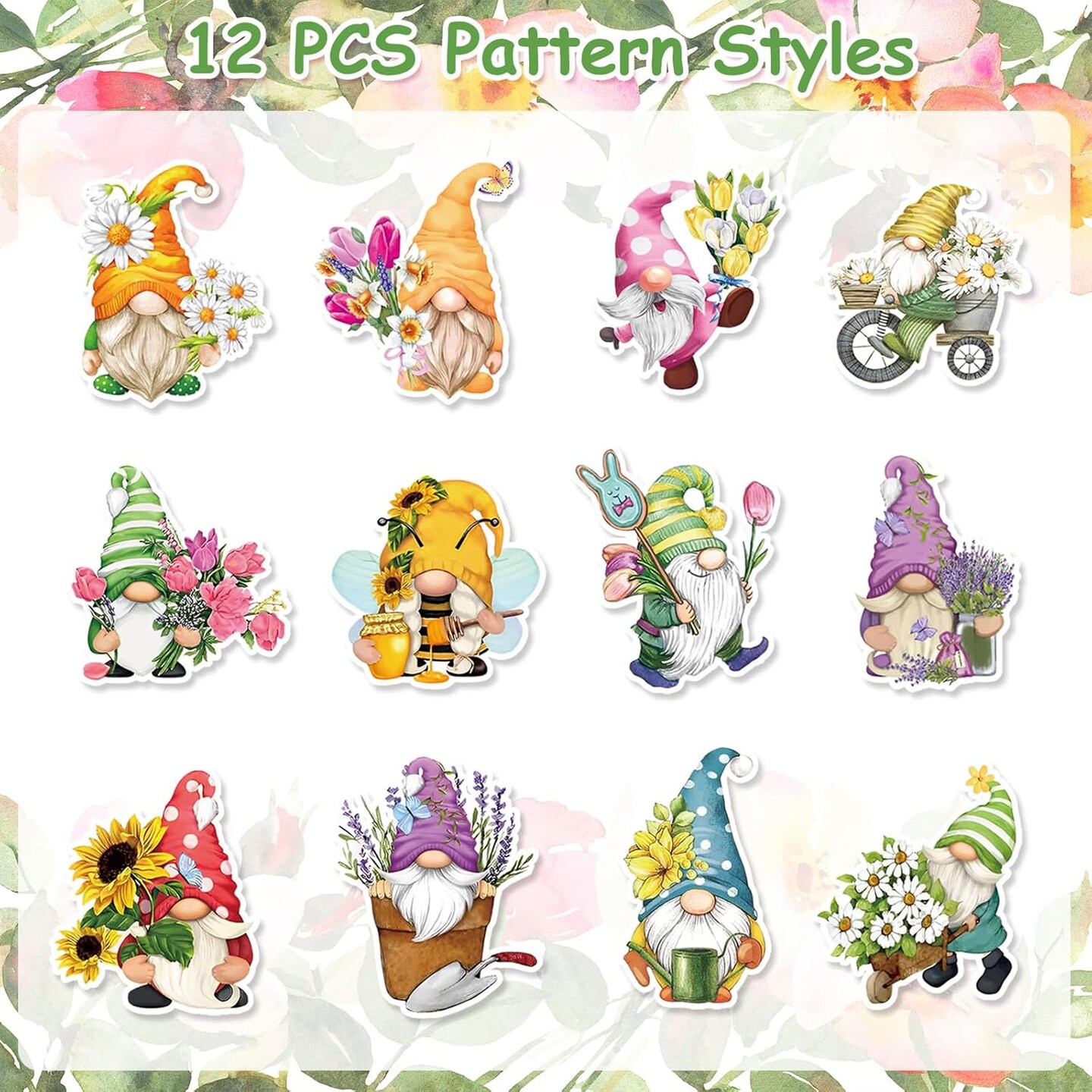 1000Pcs Spring Gnome Stickers 12 Designs Floral Gnome Decals Cute Adhesive Sealing Labels for Birthday Baby Shower Grocery Baking Bag Party Favor Supplies, 2 Rolls
