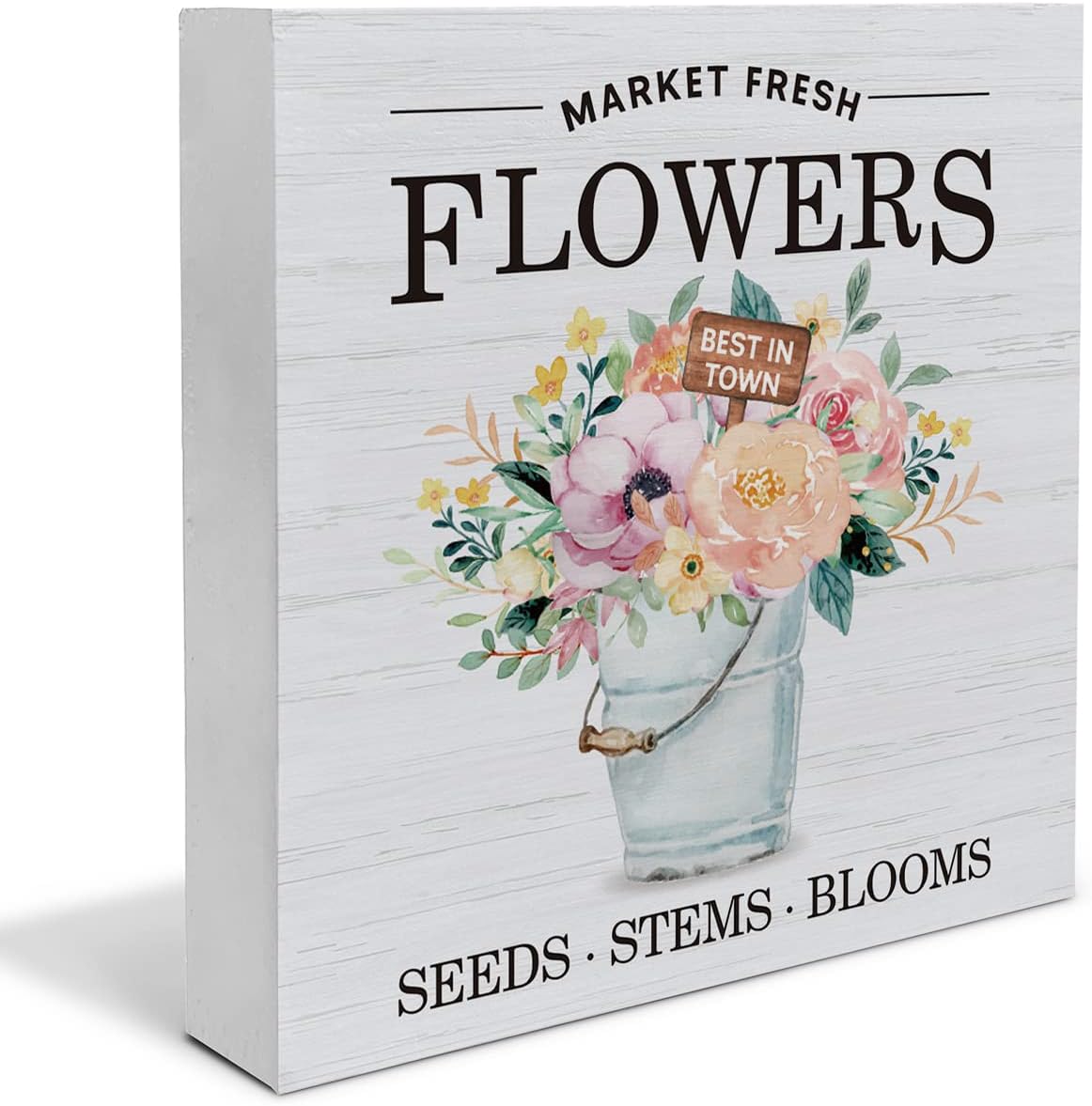 Ruvoty Spring Wood Box Sign,April Showers Bring May Flowers Wooden Block Sign For Farmhouse Home Garden Shelf Desk Table Decoration,Spring Themed Gift