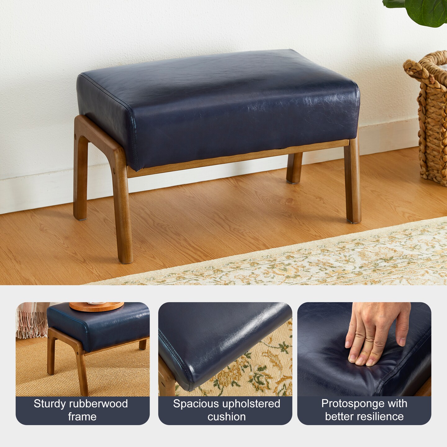 Mid-century Modern Leatherette Accent Stool with Walnut Rubberwood Legs