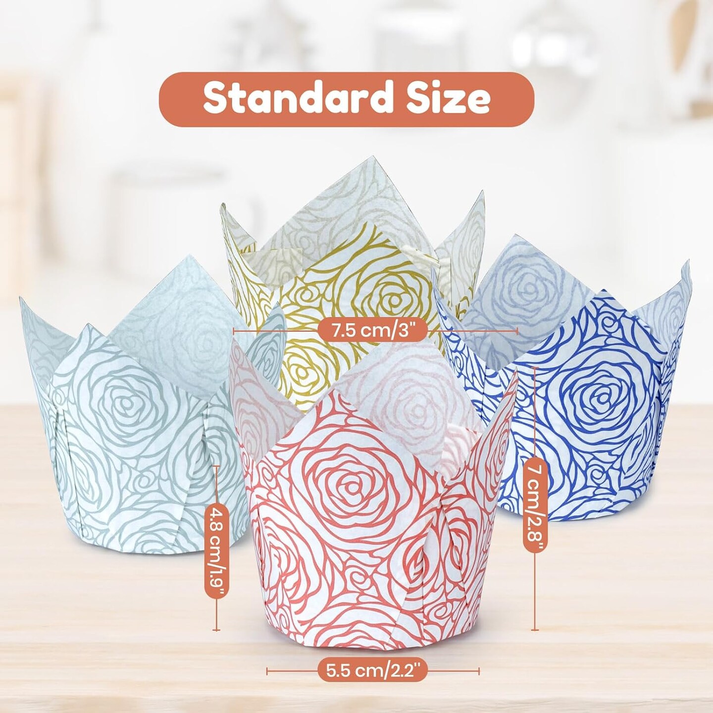 160pcs Tulip Paper Cupcake &#x26; Muffin Liners Oil Resistant - Standard Size 4 Colors Rose Pattern Baking Cups Cupcake Wrappers, Model BK010