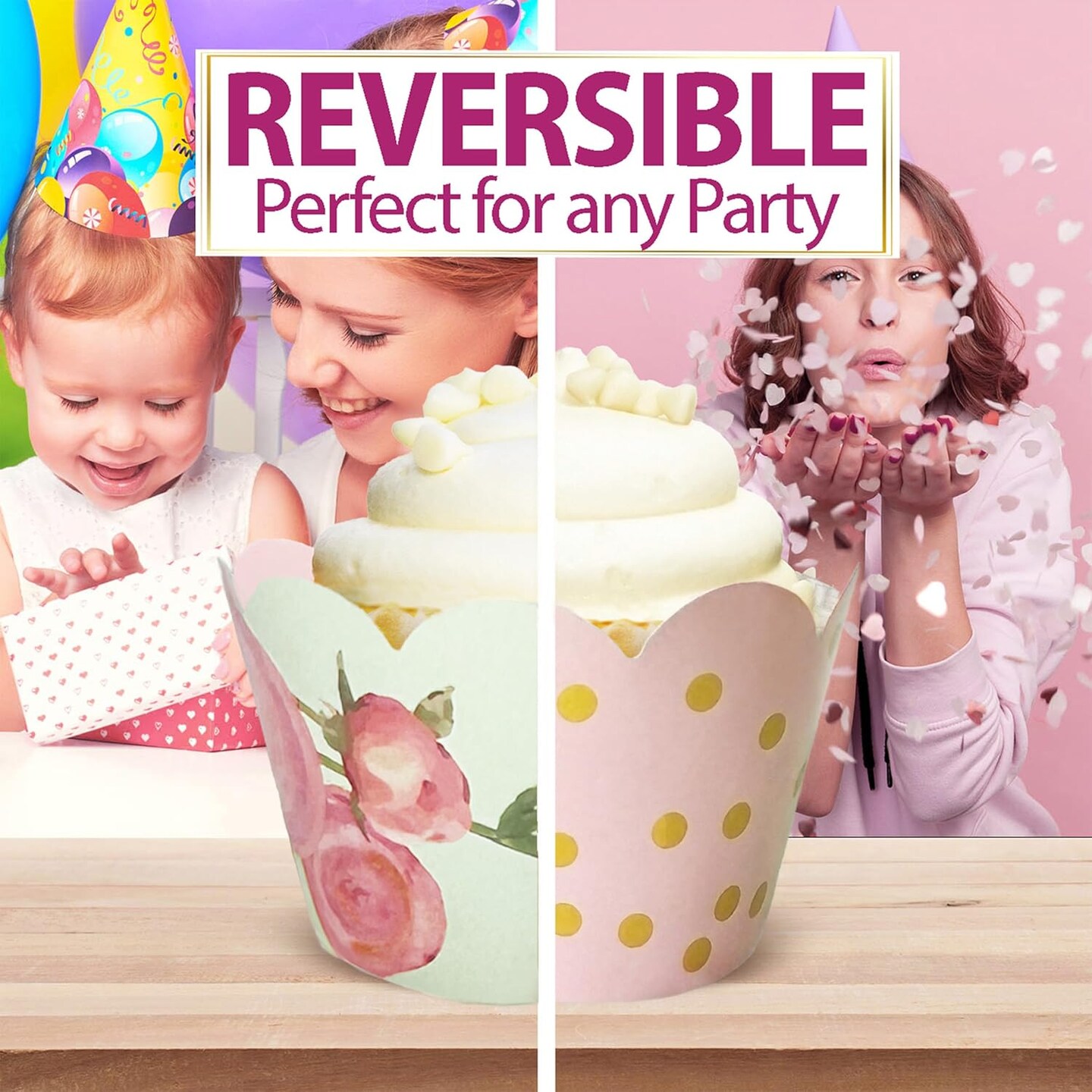 Cupcake Wrappers - Blush Pink & Gold Floral Wedding, Vintage Rose Bridal & Baby Shower Decorations, Fairytale Princess Birthday Party, Girl Gender Reveal, Reversible Dessert Wrap, Romantic (24 Count)