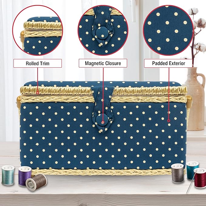Large Sewing Basket with Matching Zipper Pouch For Sewing & Organization On-The-Go (Polka Dot Print)