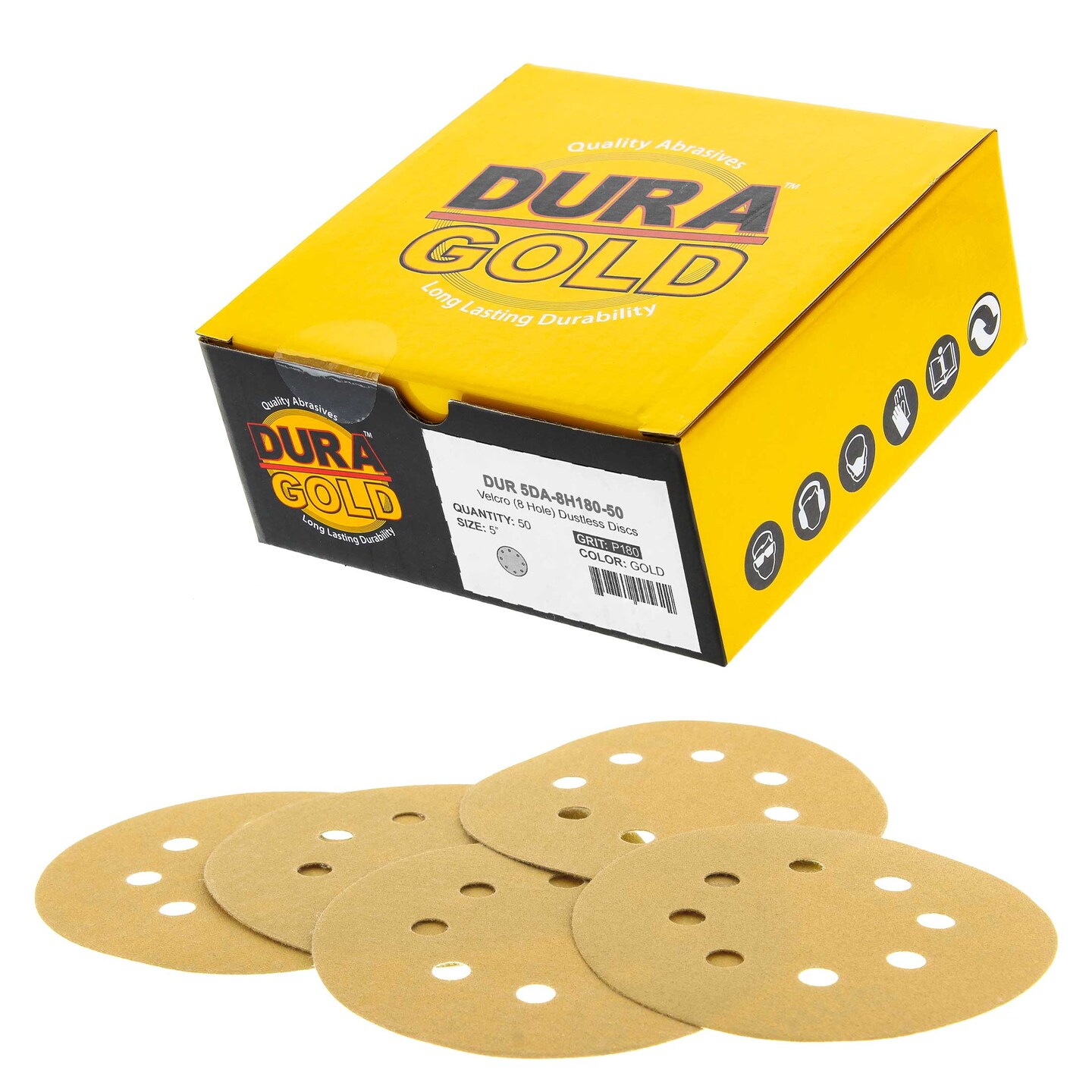 180 Grit - 5&#x22; Gold DA Sanding Discs - 8-Hole Pattern Hook and Loop - Box of 50