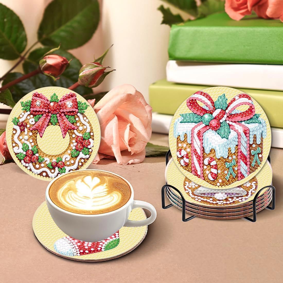 8 Pcs Christmas Diamond Art Coasters Kits with Holder, Gingerbread Snowman 5D DIY Diamond Pinting Coasters Acrylic Round Cup Coaster with Cork Pads for Tabletop Protection 10&#xD7;10 CM