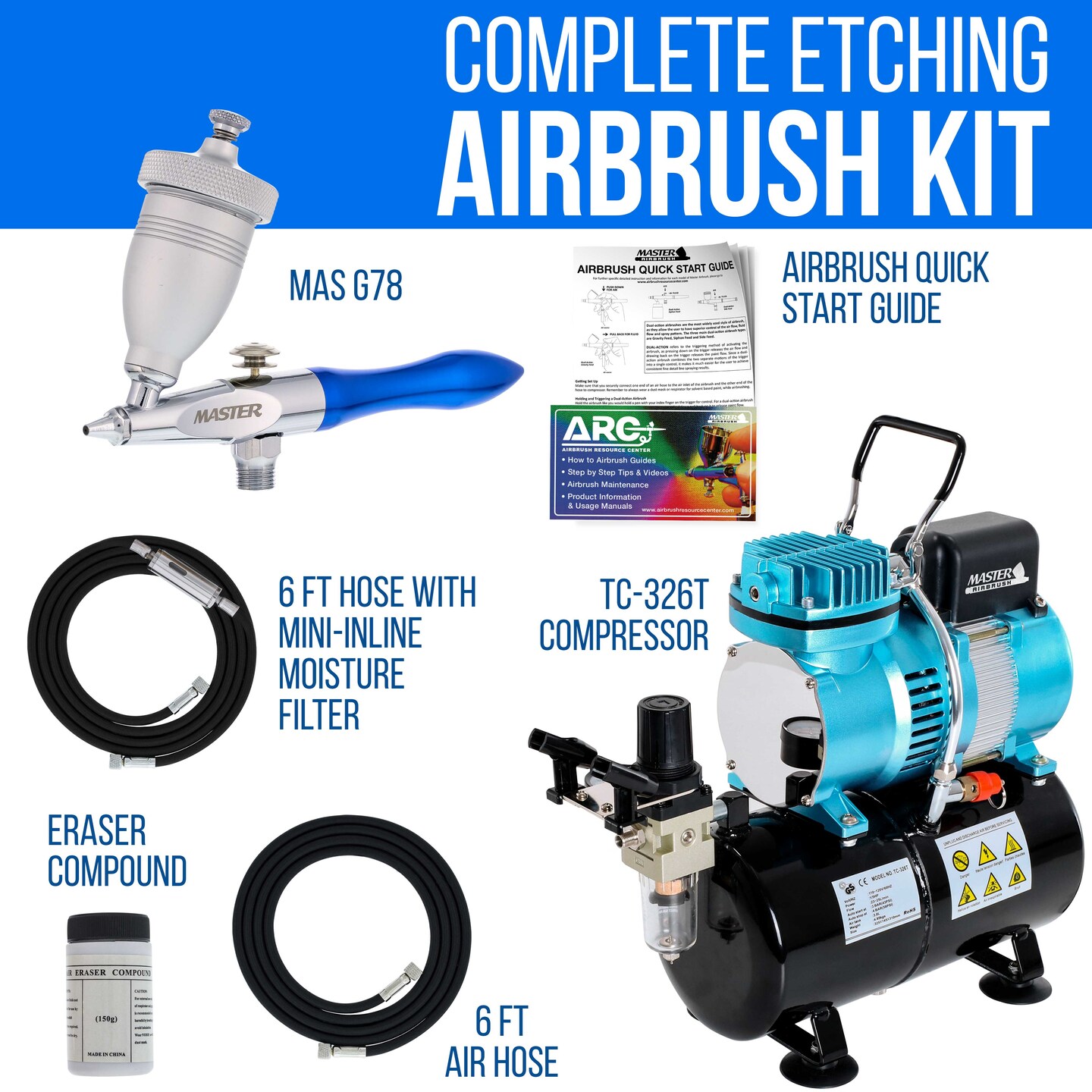 Single-Action Gravity Feed Etching &#x26; Abrasive G78 Airbrush Kit with High Performance Airbrush Air Compressor with Air Storage Tank