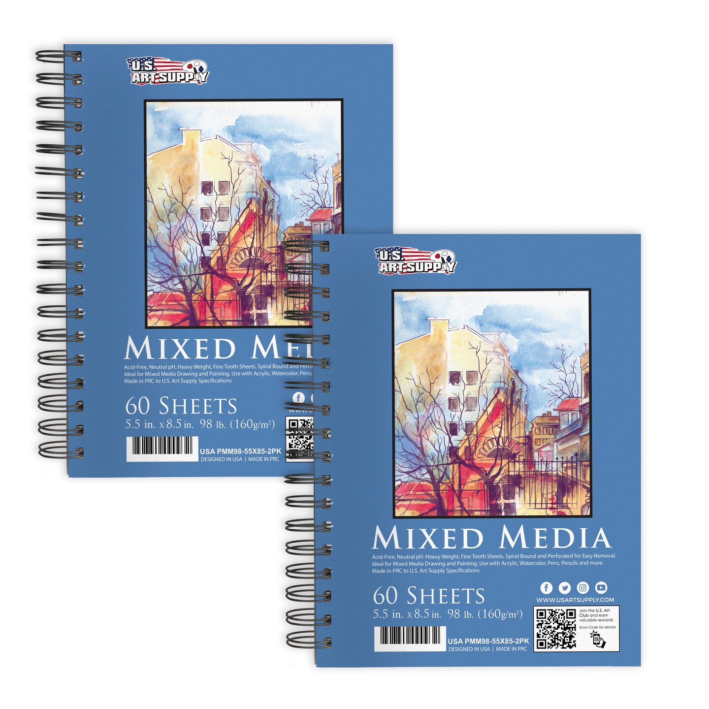 5.5&#x22;x8.5&#x22; Mixed Media Sketchbook, 2 Pack (60 Sheets), 98 lb (160 gsm) - Spiral-Bound Pad with Perforated Acid-Free Paper - Artist Sketch Book For Drawing, Painting, Watercolor