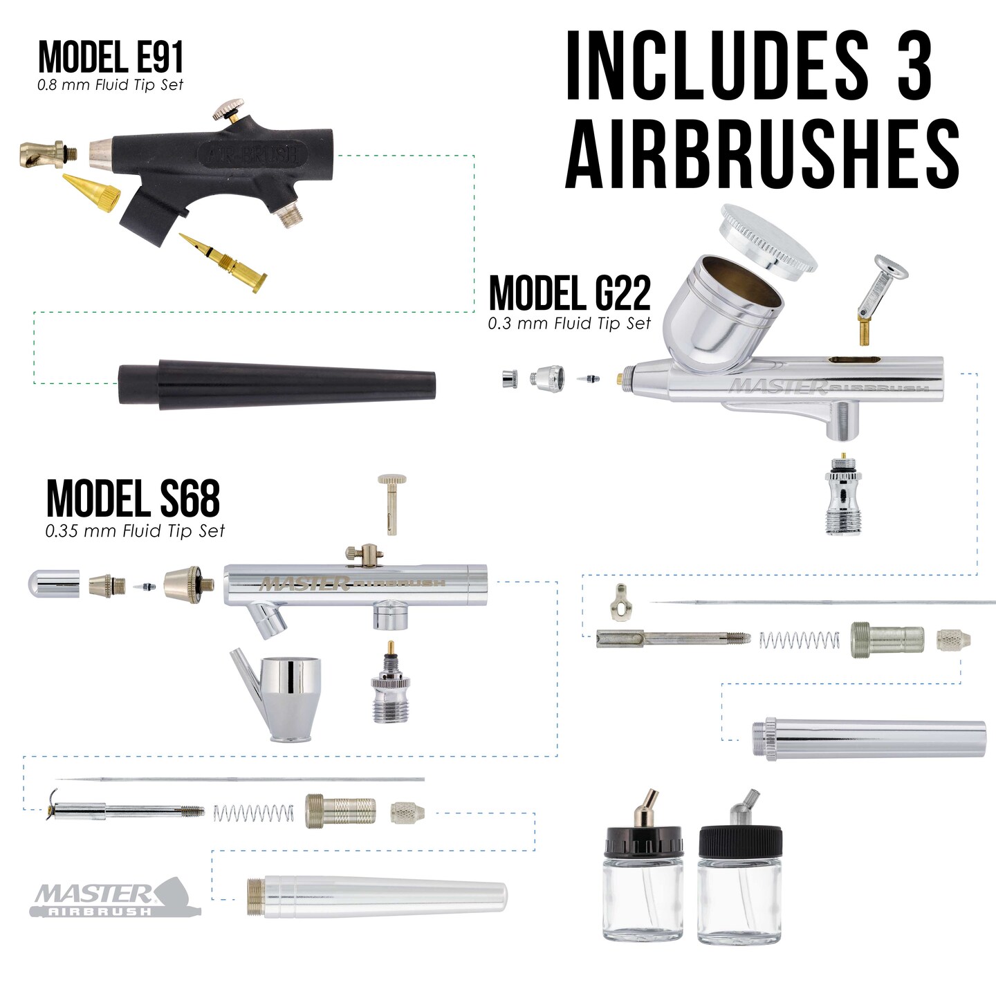 Professional 3 Airbrush Kit with High Performance Compact Airbrush Compressor, Air Hose, 12 Color Airbrush Paint Set with Cleaner &#x26; Paint Reducer